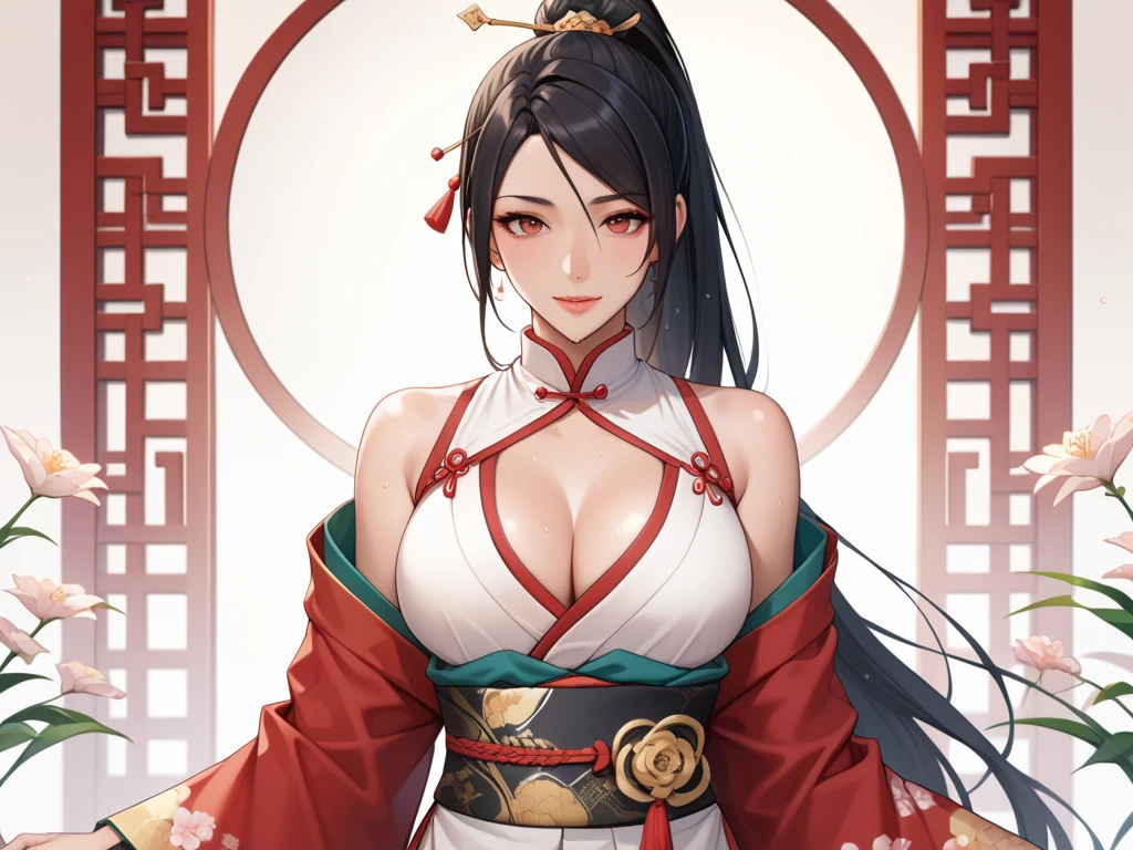 1female,huge tit,brunette color hair,Keep one's mouth shut,(Hanfu),Hanfu,Redlip,耳Nipple Ring,florals,hair adornments,jewelry,long whitr hair,Look at the audience,choker necklace,portrait,ssmile,独奏,A half body,(Shiny skin), (tmasterpiece:1.4),(best qualtiy:1.4)