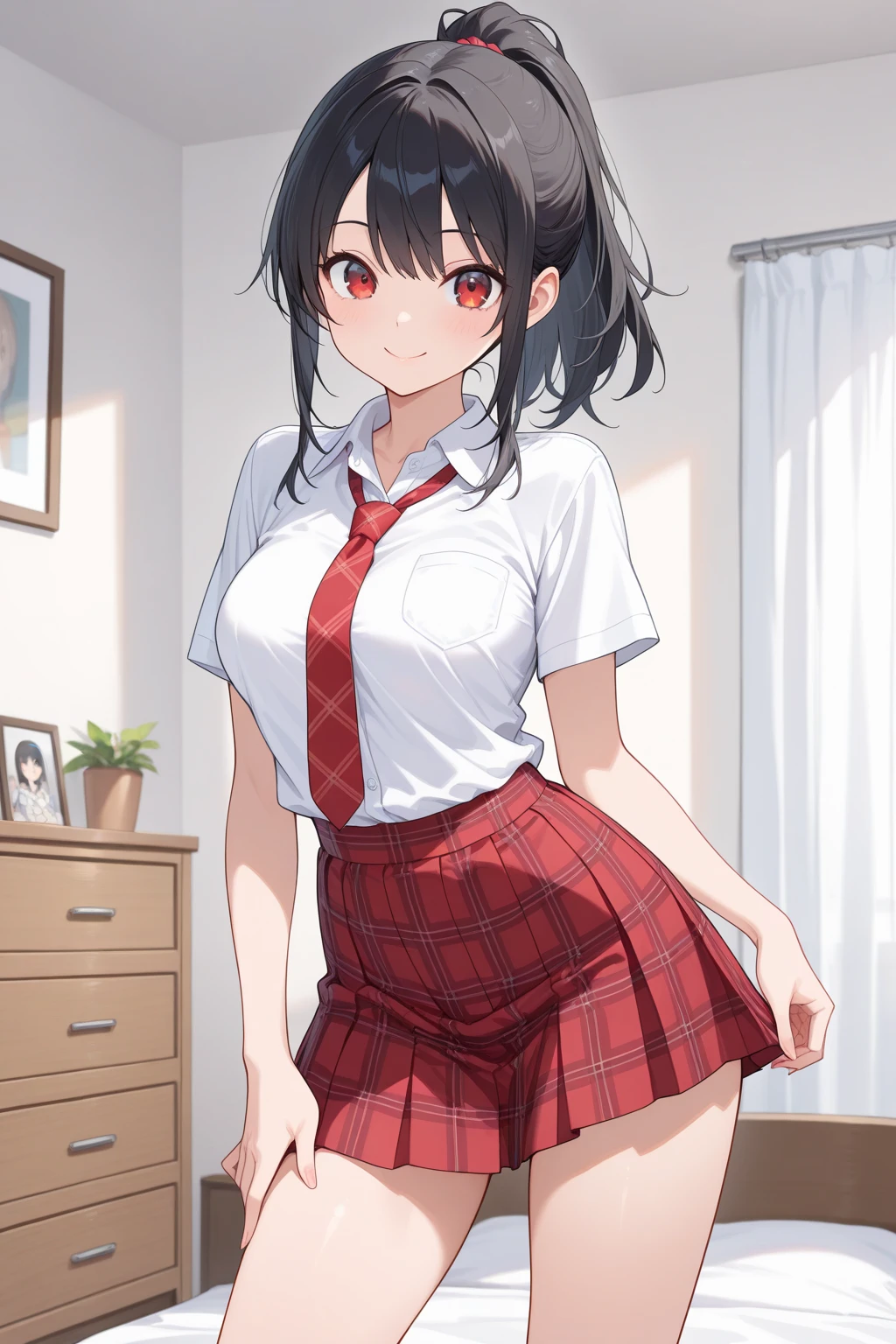 1 Young girls, 独奏, White polo shirt, White sneakers,
, white mini-skirt, tmasterpiece, Best quality at best, realistically, ultra - detailed, (shiny skins, perspired:1.4), Huang Li, looking at viewert, with short black hair, with brown eye,slenderness,Dynamic light and shadow,A high resolution,Focus sharp,depth of fields,The eyes are delicate,Sharp pupils,student reality,(Bigchest:1.6),(upper legs粗:1.0),luring,sky sky,ultra - detailed,tmasterpiece,Best quality at best,love letter,blush blush,Yazawa Nico,red eyes, On the cheongsam,face flushed,Blunt hair,On the ground, upper legs,chubbiness,ssmile,both hands on hip,Positive perspective