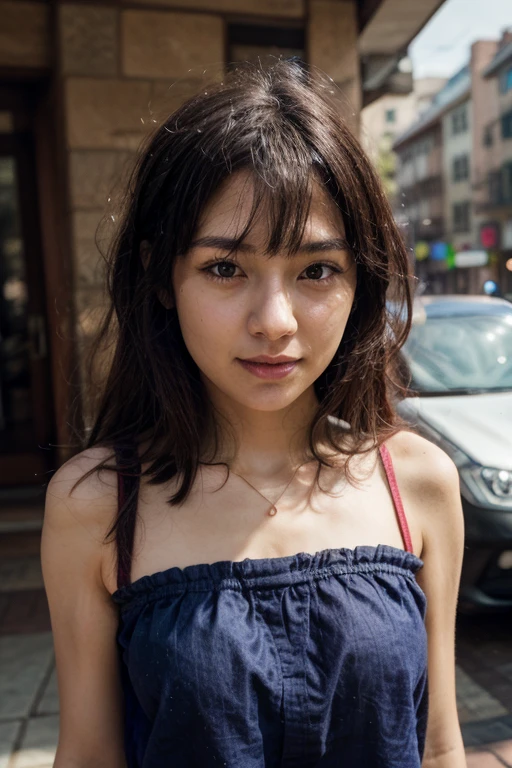 photo of an 18-year-old girl with Asian appearance, The face is beautiful,oval face big eyes, eye color light brown, tinted eyes, neat nose, bob haircut, beautiful body, in a blue dress, In the background is the sea, sunny weather