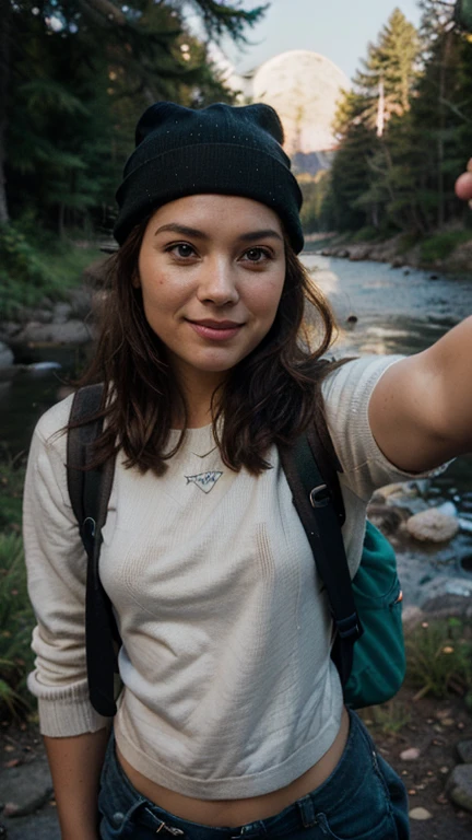 A girl cycling through the mountains, her face illuminated with excitement. Her eyes are beautifully detailed, and her lips are strikingly detailed. Her face and portrait are extremely detailed, with long eyelashes that highlight her adventurous personality and intelligent look. The lighting is dramatic, with warm color tones that enhance the realistic, photorealistic depiction. She is shown full-size, riding a bicycle, with a backpack slung over her shoulder.