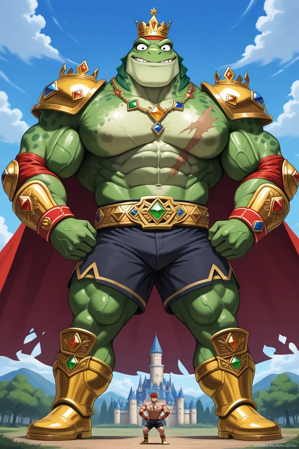 A green giant cartoon 2d frog king, gigantic chin, biggest muscular body, ginomous biceps enormous pectorals, detailed abs, golden armor with colorful jewels, golden bracelets with colorful jewels, golden necklaces with colorful jewels, golden chest with colorful jewels, golden wrestler champions belt, Red headband. Golden wrist tape. Golden elbow pads, Golden kneepads, ripped orange shorts, tattoos and scars, veins, bigger cartoon yellow frog eyes, green skin golden king crown with jewels, saturaded green skin, big frog feets, golden boots, wearing a ripped very long red cape, powerful smile expression, feral, smug, dark green eyebrows, sharp teeths, castle and village background, trees, blue sky and clouds background, full body, macro size, giant size, 50-foot size, 100 feet tall, powerful muscles, veins, tattoos, saturaded colors palette, fairytale fantasy scene, dynamic angle.