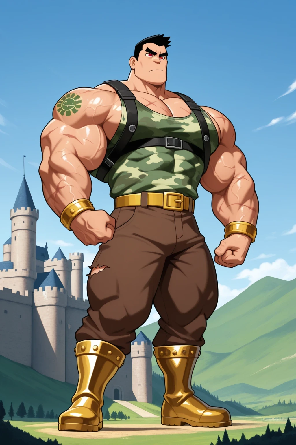 solo, detailed, shaded, human, giant man, muscular, solo, black hair, flat top, red eyes, mouth closed, flat brow, rectangular eyebrows, flat brow, golden bracelets, green clothing, ripped red vest, harness, tank top, golden belt, blue camo print, brown pants, golden boots, standing, full-length portrait, mouth open, arms flexing, castle background, blue sky, a green giant beanstalk behind, huge muscles, ginomous biceps, enormous pectorals, abs, scars, veins, tattoos, giant size, macro size, 50-foot size, 100 feet tall.