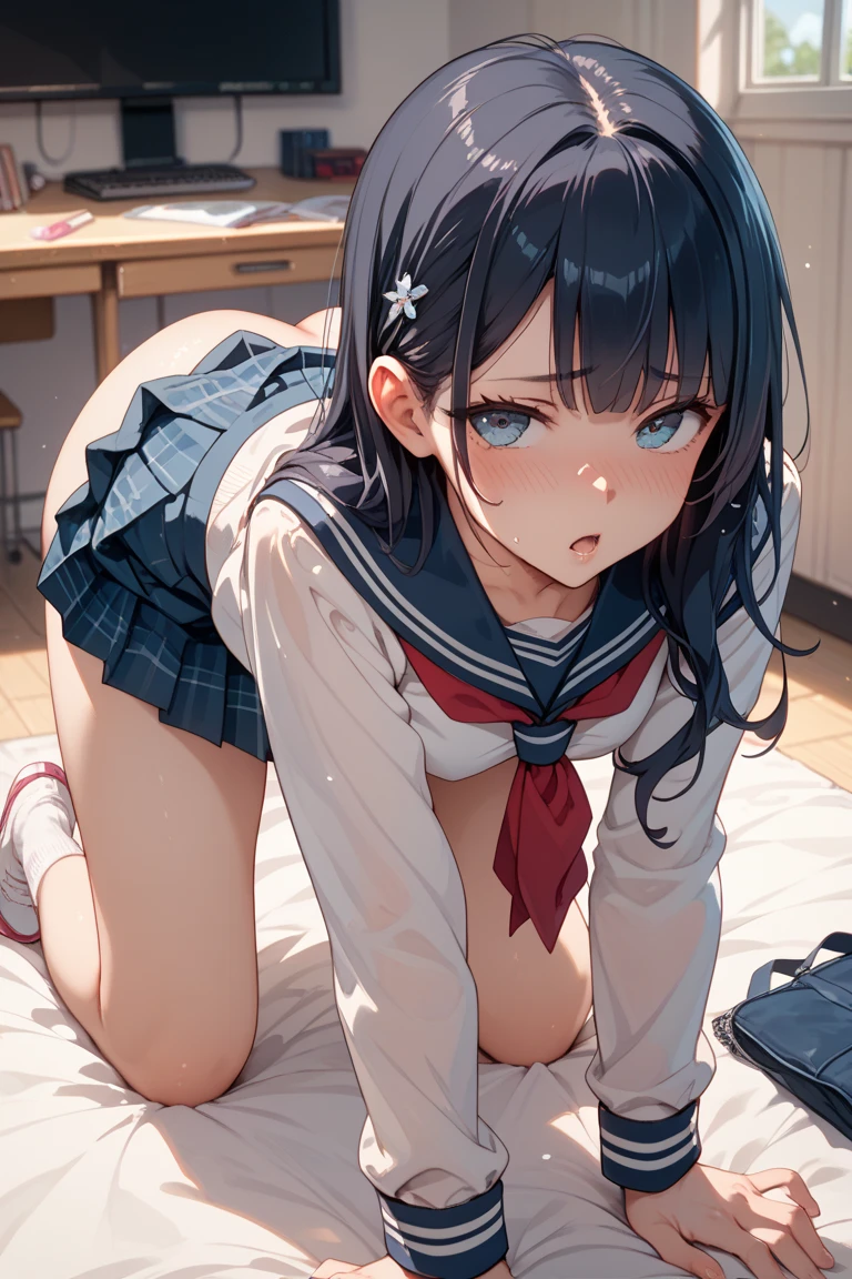 NSFW, 1 woman, solo, (orgasm:1.3), ((crying:)), drooling, steam from pussy, glowing green detaled eyes, (Nipples:1.3), (spreading pussy, Pubic hair), (clear pussy juice:1.3), (Large breasts), (cleavage),  (sitting on a bed with one knee up, open legs), (white sailor shirt), (sleeveless:1.3), (Sailor uniform only for the upper body), (red ribbon tie), Navel, blue sailor collar, (Sheer Micro Mini Skirt), side ponytail 
