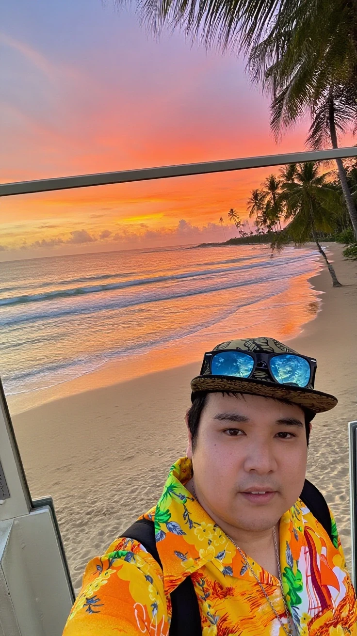 photorealistic, best quality, masterpiece, extremely detailed, sexy, homoerotic, extremely handsome, 20 year old chubby polynesian man, stocky build, laughing, takes your photo with a DSLR camera in one hand, he points to you with his other hand, by the pier, extremely romantic atmosphere, perfect face, perfect fingers, perfect hands, perfection