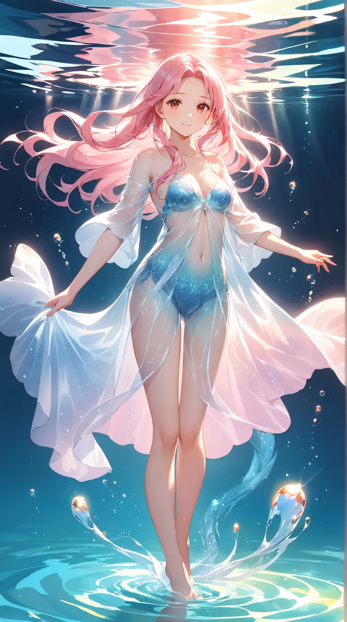 (HighestQuali,tmasterpiece,A masterpice),1girll, Full body like,sexy for,Pink hair, long whitr hair,Blue hair ends dyed,Translucent bath towel,Disdainful expression, photorealestic,, hot onsen, side-lighting, the wallpaper, NSFW,dyna,Coral Palace Heart Sea,kokomi