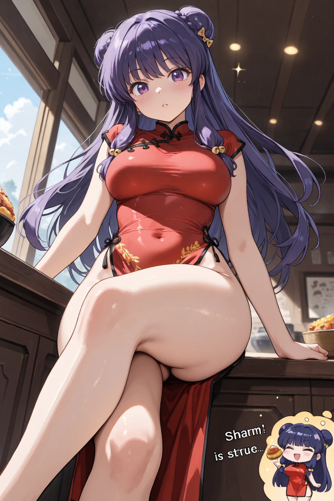 Highest quality,Masterpiece,8K,China Long Dress,Big Breasts,Best Style,Beautiful feet,Droopy eyes,Bright smile,Pink Hair,Hair Bun,Chinese restaurant,waiter,