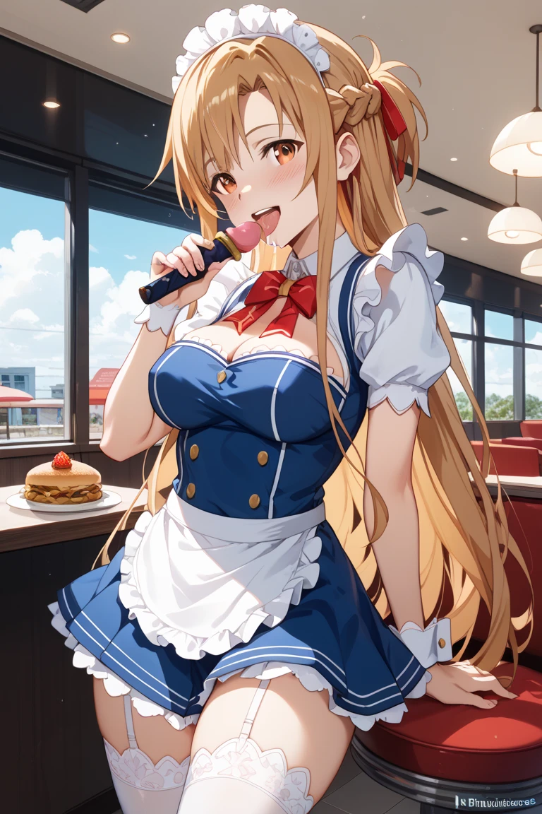 Blonde girl eating steak at steakhouse Wearing sneakers High leg shorts with suspenders Large Breasts Showing her belly button Ultra low rise Knee-high socks No underwear Belt on chest