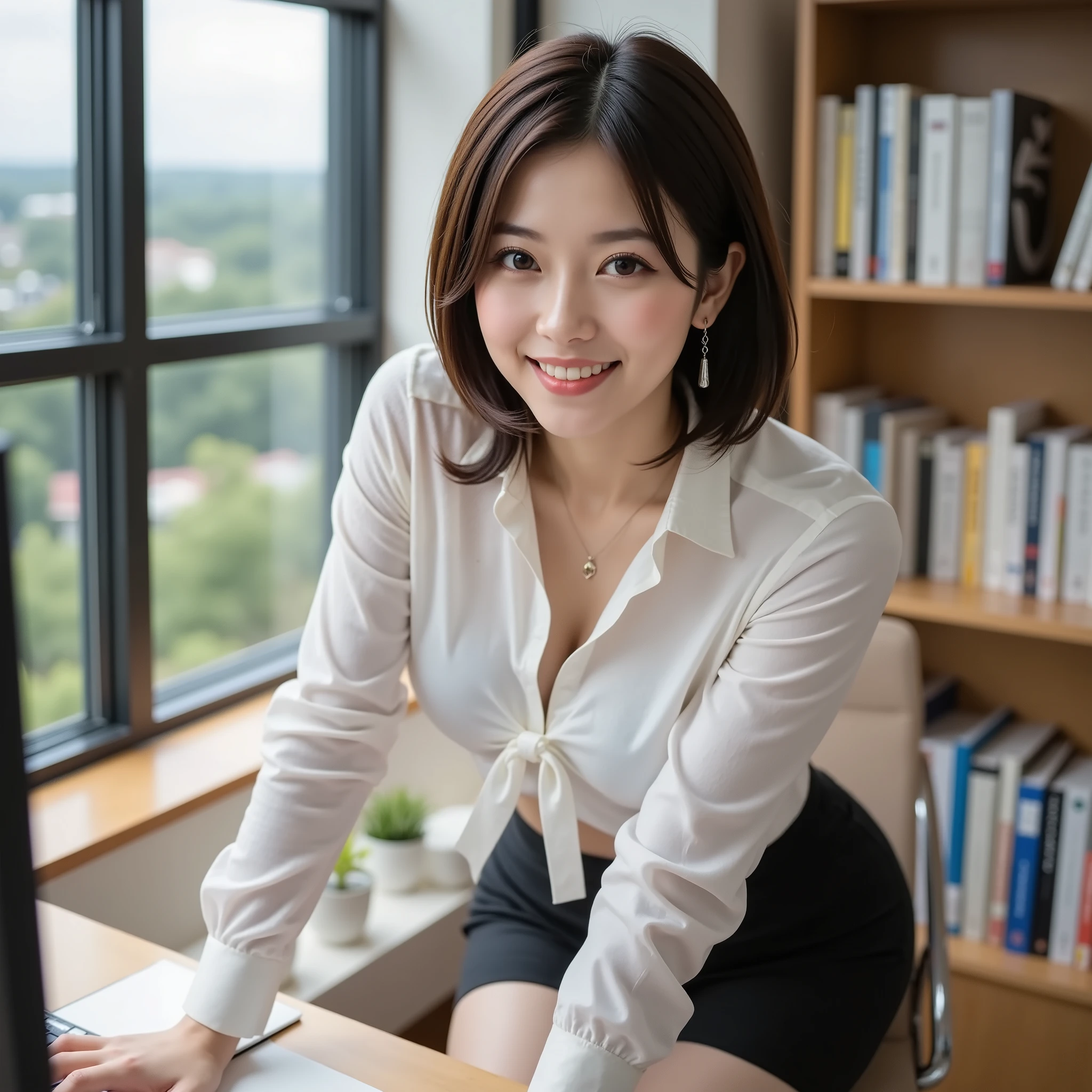 Highest quality、8k、Beautiful Office Lady、masterpiece、Ultra-high resolution、Clear photos、Realistic、Realistic、Professional Lighting、Natural light、cute、Baby Face、smile、Highly detailed skin、White skin、Beautiful Hair、Round eyes、Short Bob Hair、Brown Hair、smile、Stick your butt out、Sit in the office:1.2、Spread your legs wide:1.8、She is wearing a tight suit.:1.8、Thin blouse:1.6、Full body photo:1.6、Lower milk exposed、Black Transparent Stockings