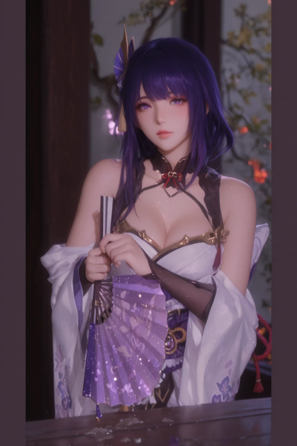 （t masterpiece, Need,1girll, Solo, Intricate details, Looking up perspective, color difference), real photo,(facade), (shoulder cut), cleavage, Close-up, smile, Sexy enhancement,Yae Miko, Purple blue hair, purple blue accents, purple eyes, sharp look, perfectly symmetrical figure, neon shirt, revealing jacket, sweater, leaning against the wall, brick wall, scribbles, dim lights, alleyway, looking at the viewer.（（evil streaks, cleavage is seductive, big breasts are enchanting)），（（（cherry blossom background) )),((((Japanese temple background)))), (((Shine in- dark background)))