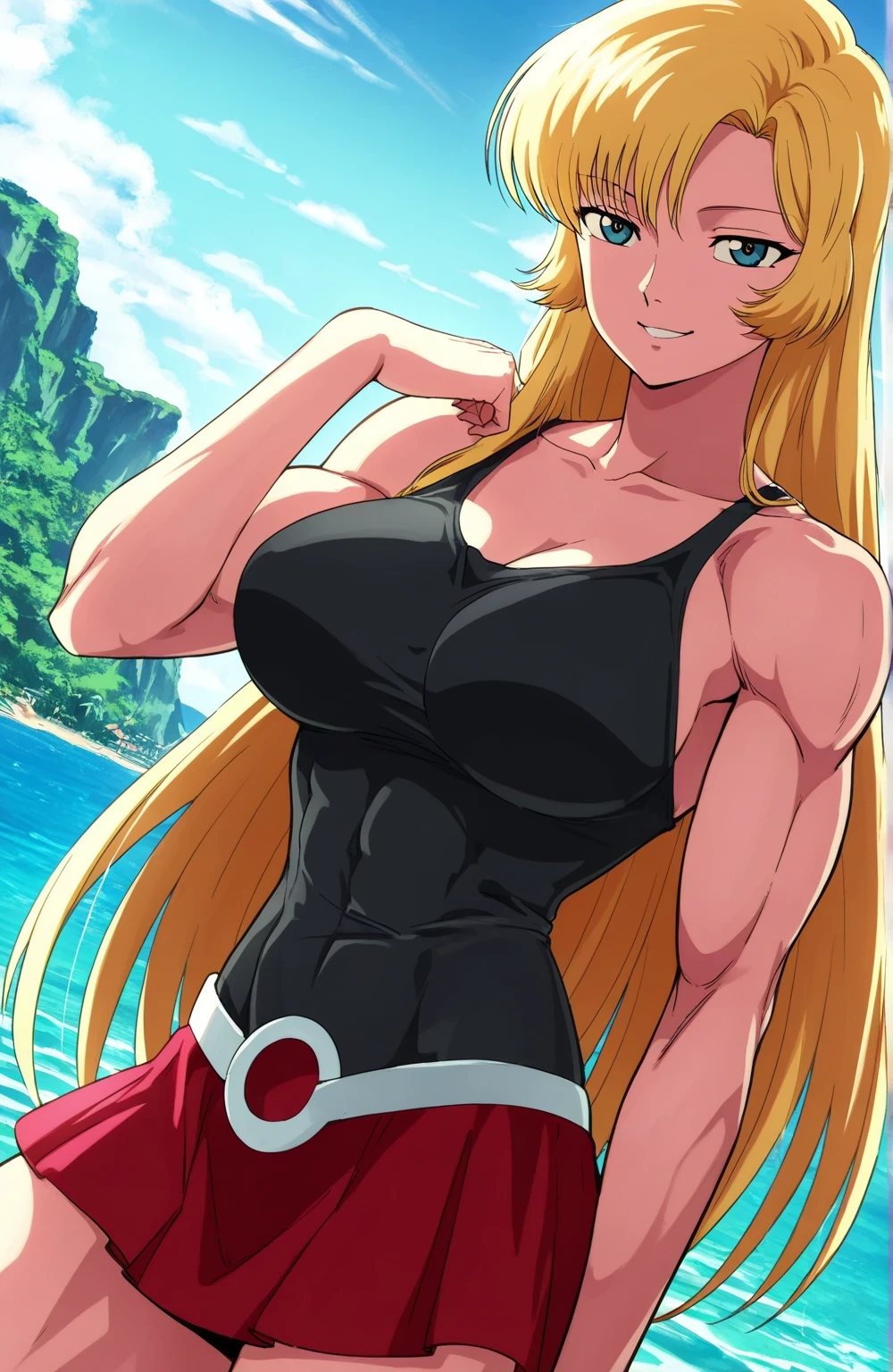 (Dark Skin),((Sunburn),(Sweat).bikini.Hellsing Ultimate, You become Victoria, 1 girl, ((Last))), Spiky blonde hair, blue eyes, Fuller lips, thick lips, Wide Hips, thick thighs, Huge breasts, Huge Ass, Oily, shiny skin, thick, Eros Smile Face, Strike a Pose, Ocean