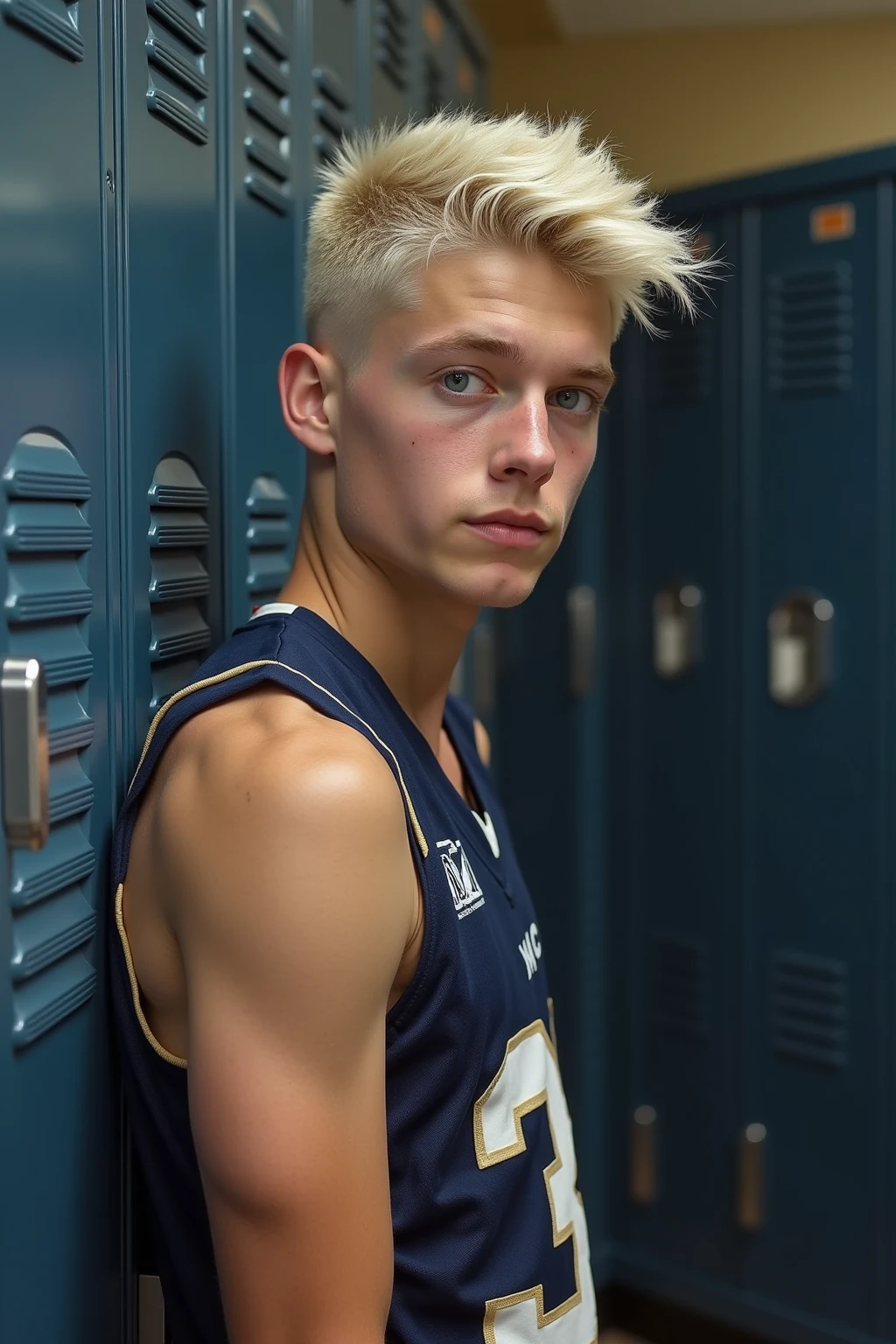 a young blonde guy, 20 years old, blue eyes, shirtless, twink, wearing just a small white towel, jerking off, horny, sitting in the gym locker room, cinematic lighting, cinematic angle, best quality, masterpiece, perfect anatomy, highres, ultra-detailed, 8k, detail, unique, aesthetics, HDR, Photorealistic, Hyperrealistic, Hyperdetailed, analog style, soft lighting, subsurface scattering