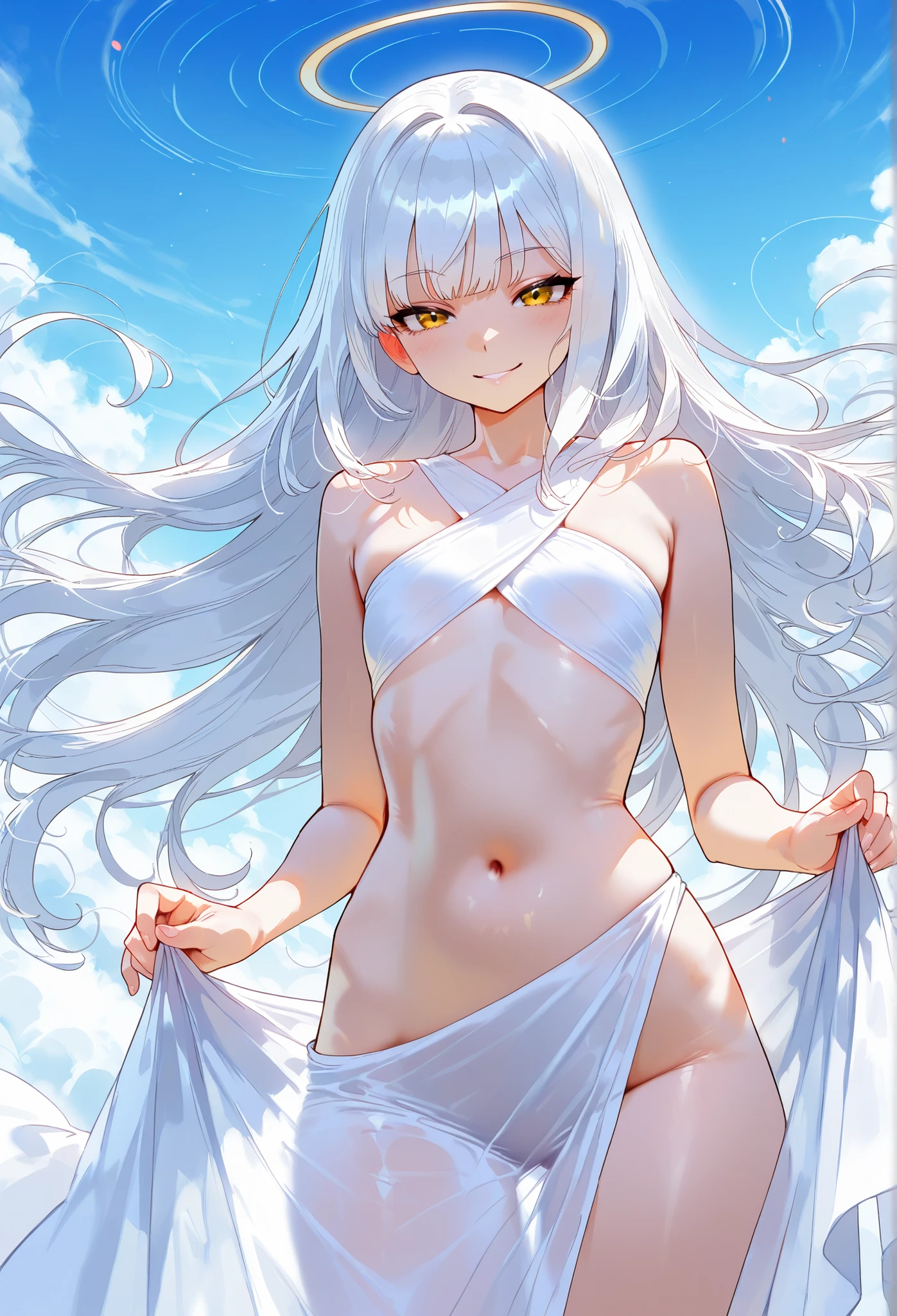(Fraction_9,Fraction_8_Direction_7_up),1 Girl,beautiful_Face,White eyes,Hyuga Hinata,White hair,Big breasts,whole body,Bare thighs,String bikini,Standing posture