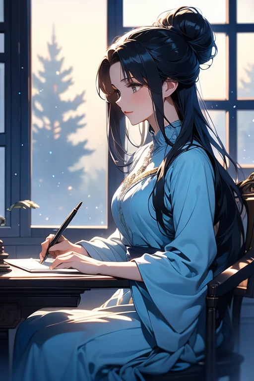 1girl, head,red eyes,hair ornament, flower, lattice, solo, table, scroll, sitting, window, round window, jewelry,, paintbrush, long hair, chinese clothes, indoors, vase,, earrings, looking down, long sleeves, hair flower, chair, hanfu, blue dress, bracelet, , beads, tassel, dress, holding, calligraphy brush, windowsill, teapot, closed mouth, shawl, blue flower, <lora:porcelain-000004:1>