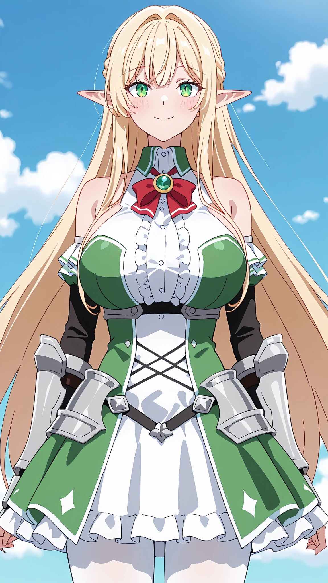 1girl, curvy, blonde hair, blue eyes, blush, breasts, huge breasts, long hair, looking at viewer, white pantyhose, green and white dress, smile, solo, (vert_/neptune series/:1.1), very long hair, white gloves, white pantyhose,