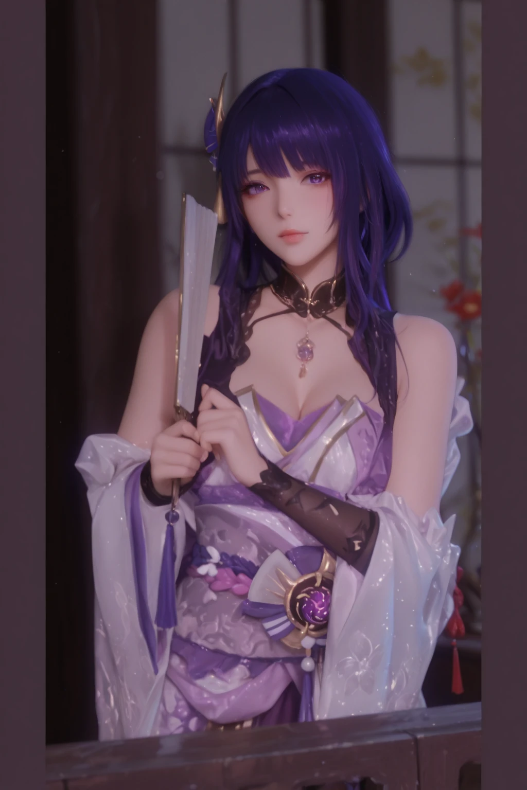 A woman，Purple cat ears，The clothes are a combination of purple and white，Purple tail，Wear white knee-length socks，out your tongue，Purple colored hair，style of anime，Eyes seductive，One hand holds the sword in front of his chest，The chest is particularly large，Leaking out of the ass，Climbing on the bed without panties