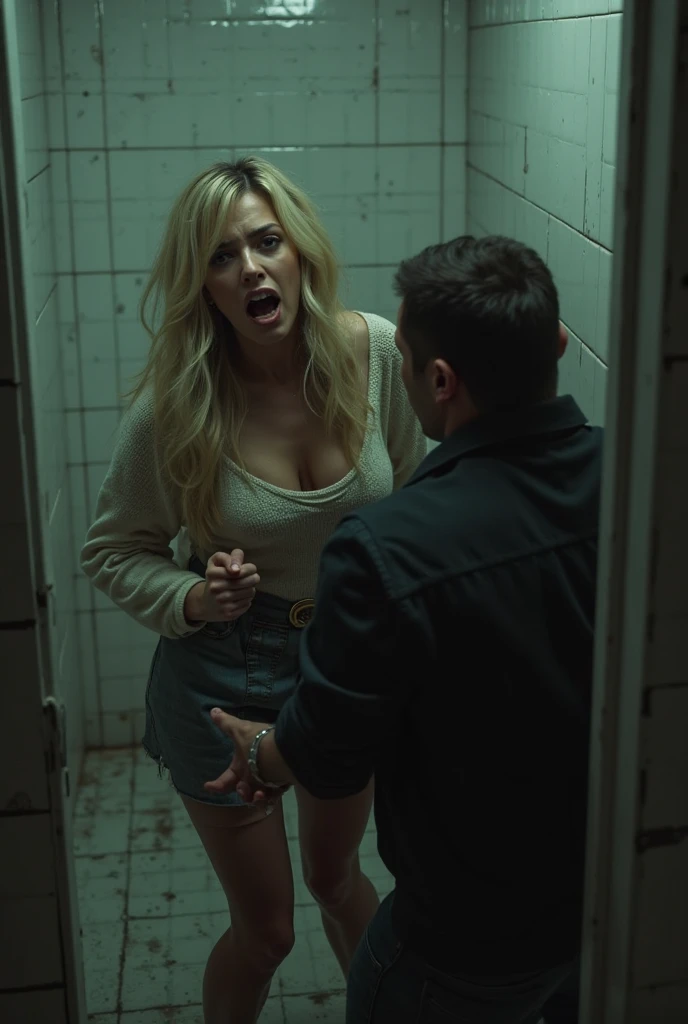 (Public restroom entrance) Sexy blonde woman. A tight-fitting white shirt skirt with black short skirt and stockings.Fearful look.(Chest is g cup).black stockings.((A young man grabs a woman by her hair and drags her into a toilet stall.On the floor lies a beautiful woman in a sexy uniform, and above her a young man does push-ups on top of her.. Screaming face)).