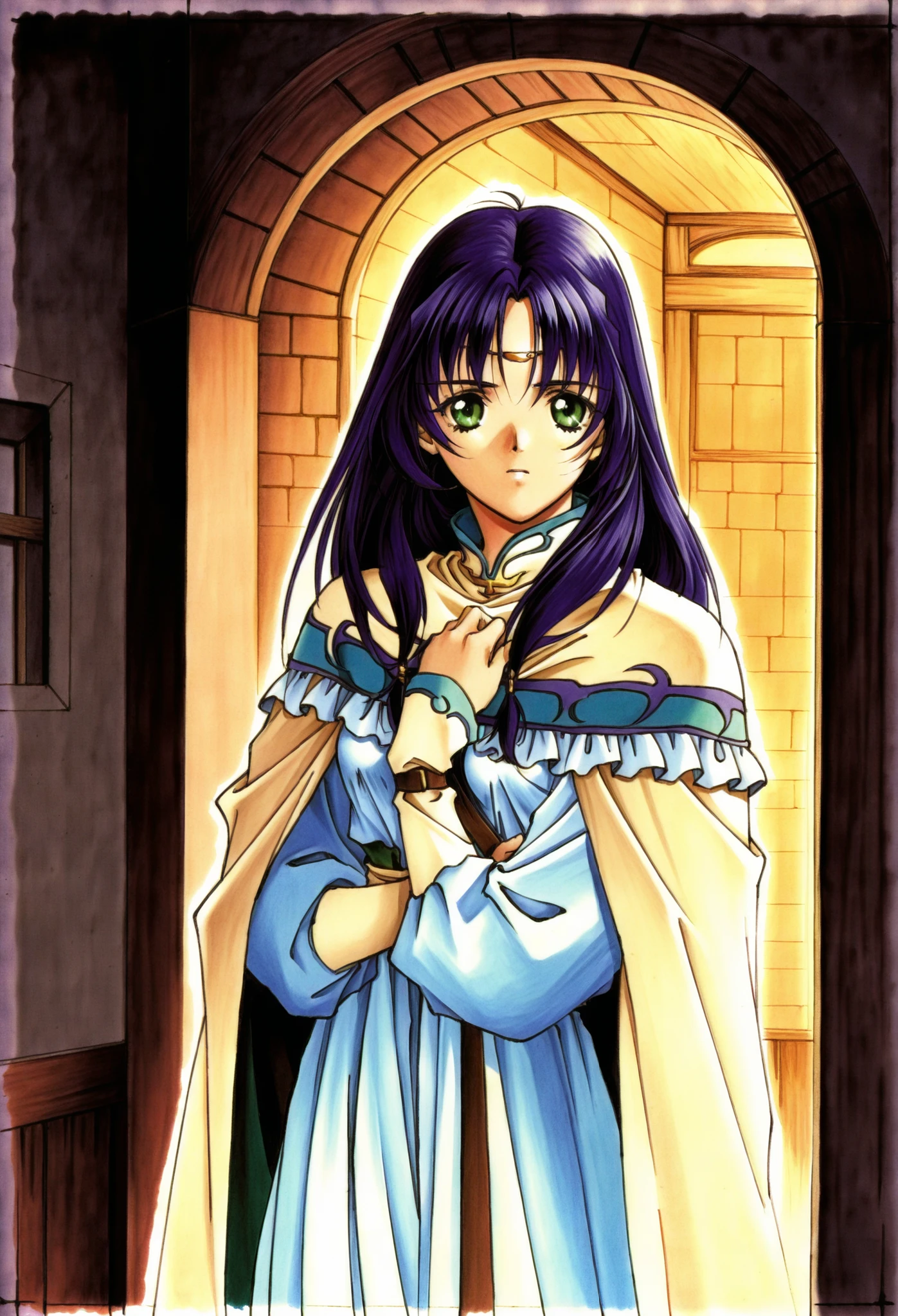 Maria, (rin sin style:1), (traditional media:1.5), a young girl, solo, slim, Green Eyes, Long Hair, Deep purple hair, white dress, beige Cape, Inside of the cape: yellow-green, stand, cross arms between breasts, Blur the outline, Facing forward, looking at viewer  BREAK Body little right sideways, from front,