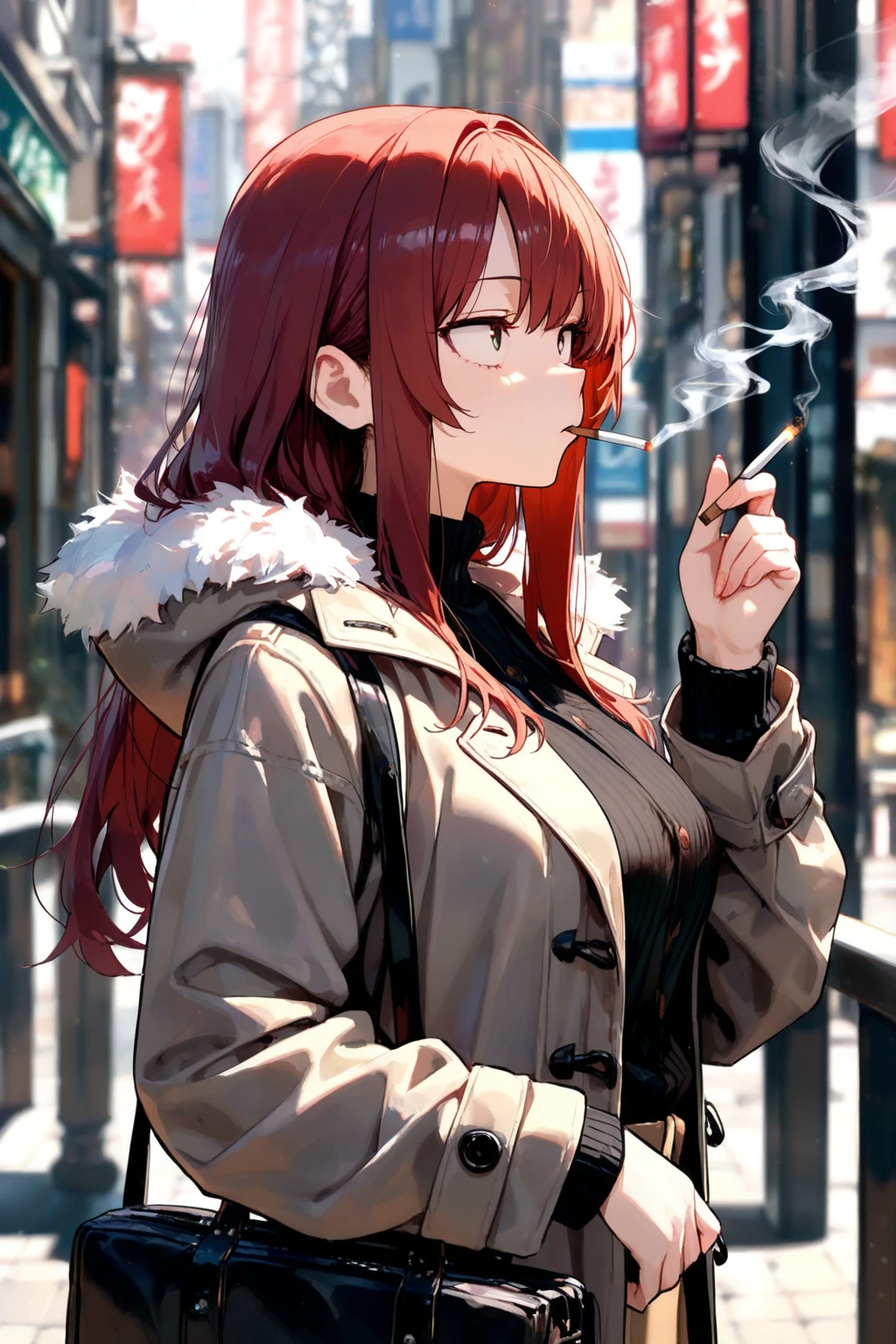 Mature woman, perfect eyes, short vermillion hair, waved hair, messy hair, brown eyes, medium breasts, sexy woman, winter clouthes, sweater, red outcoat, low ponytail in the hair, smoking, in the balcony, beautiful, nocturne sky.