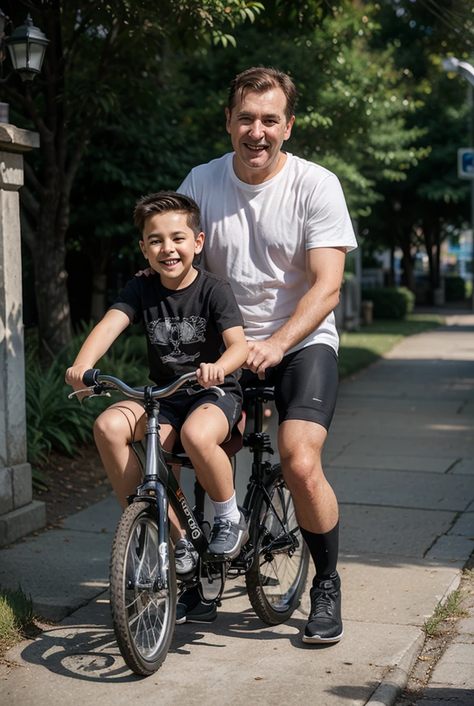 Best quality, hyper realistic, 4K, masterpiece of a picture of a father teaching his to ride a bicycle in a park