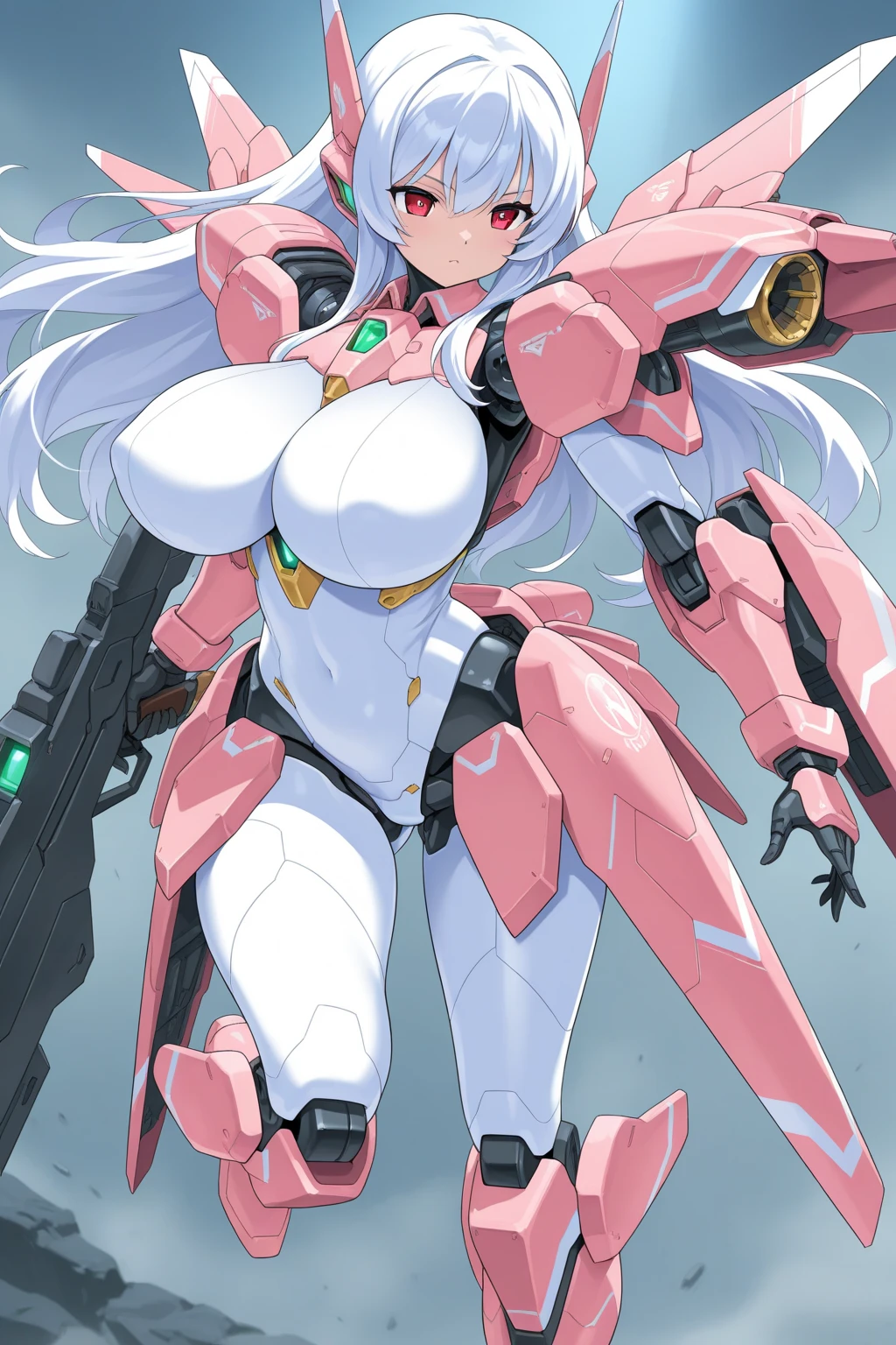 score_9, score_8_up, score_7_up, source_anime, masterpiece, best quality, high resolution, extremely detailed CG, absurdres, 1girl, a girl in mecha bunny_suit jumps high in the air, mecha_bunny_ears, fake animal ears, mecha armor,happy, kawaii, sky, jump, fishnet_thighhighs, large_breasts, holding weapon