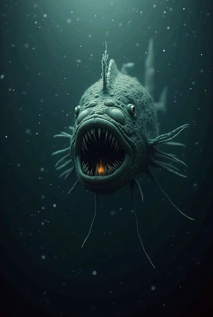 "A terrifying anglerfish with a glowing lure above its head, sharp teeth, and a dark abyssal background."