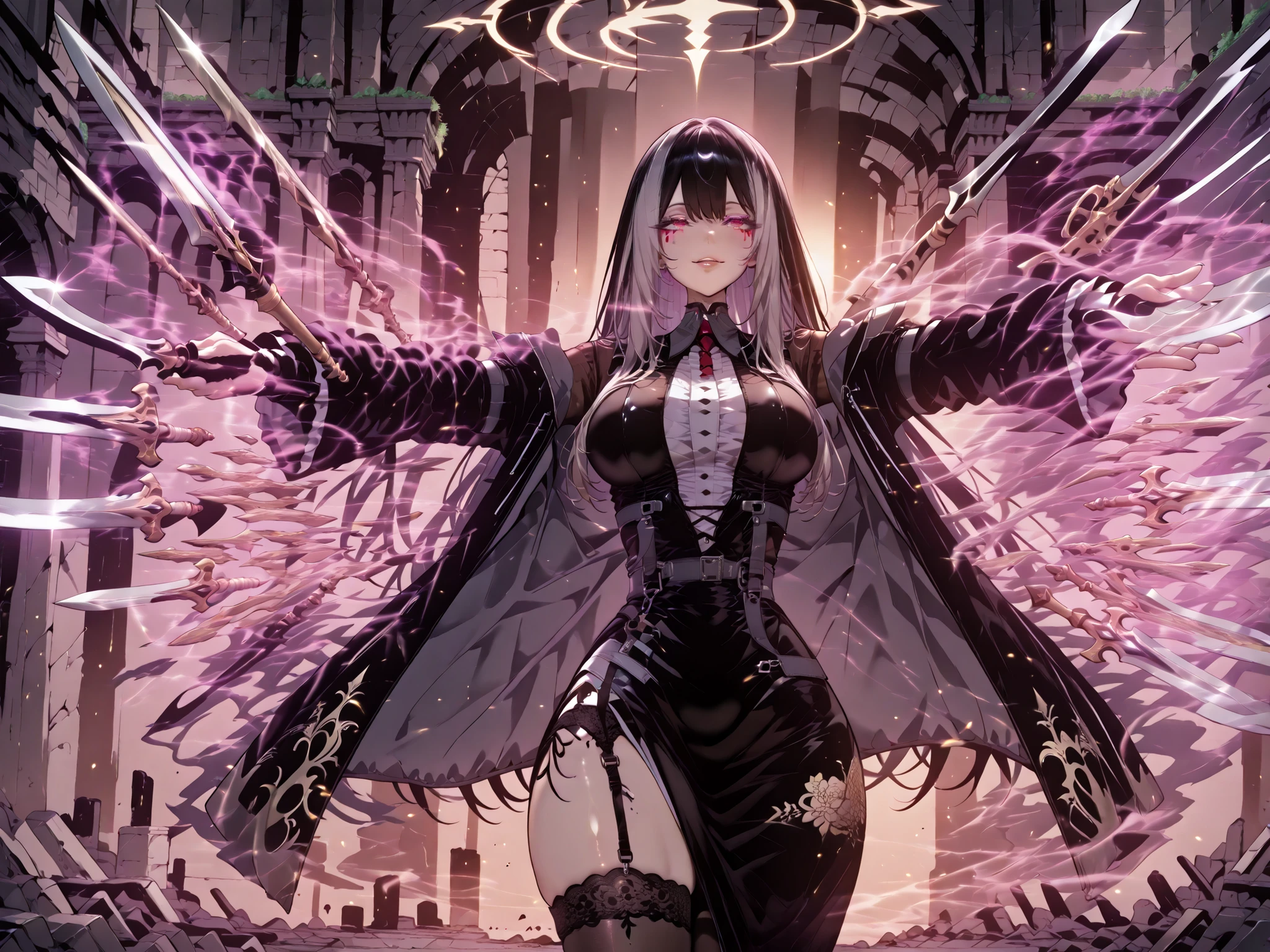 taken from above、Ball of Light、雷magic、caveの中、Ruins、black suit、black longsuit、 black long jacket、ゴスロリなshirt、Depressed、Tall Woman、A woman in her thirties、 Alassah's woman、Steins;Gate、 black longsuit 、score_9, score_8_up, score_7_up, Source_anime,masterpiece、No expression、no makeup、top quality,Beautifully Detailed Eyes, Exquisite Eyes、A sophisticated eye、highly detailed eyes and faces,unmotivated expression、lethargic face、 long breasts, Black Jacketを羽織る、Black Jacket、shirt, big saggy breasts, shockingly big breasts, big breasts,big boobs、boobs 、Zitoida, makeup、no makeup、long hair、smooth straight hair、tall woman、Tall Woman、plump thighs, parted lips、 shining eyes,(Fire Aura Onkown),dungeon内、Crimson Eyes、long hair、dark haired、黒い髪、long straight hair、dungeon、cave、Ruins、solo、soloプレイヤー、Wide ass、beautiful butt、sticks your butt to the focus of your butt、long boots、Fearless Laugh、strong、Is confident、black tight skirt with tarai in hand、Black Garter Belt、black tights、long tight skirt、Dynamic、Satu、fight、Satu狂、俺だけレベルupな件、arrogant、 Confidence々The smile 、bewitching smile、Sadist、Satu中、hunting、hunting、intimidating、magic使い、magic、magic、、Pearl of Light、Light Ball、magicの玉、plasma、plasma球、Glowing sphere、Made with Infinite Sword、Floating weapon , multiple weapons , growing , Battle Axe , halberd、A weapon that floats in the sky、angle from above falling from head、右taken from above