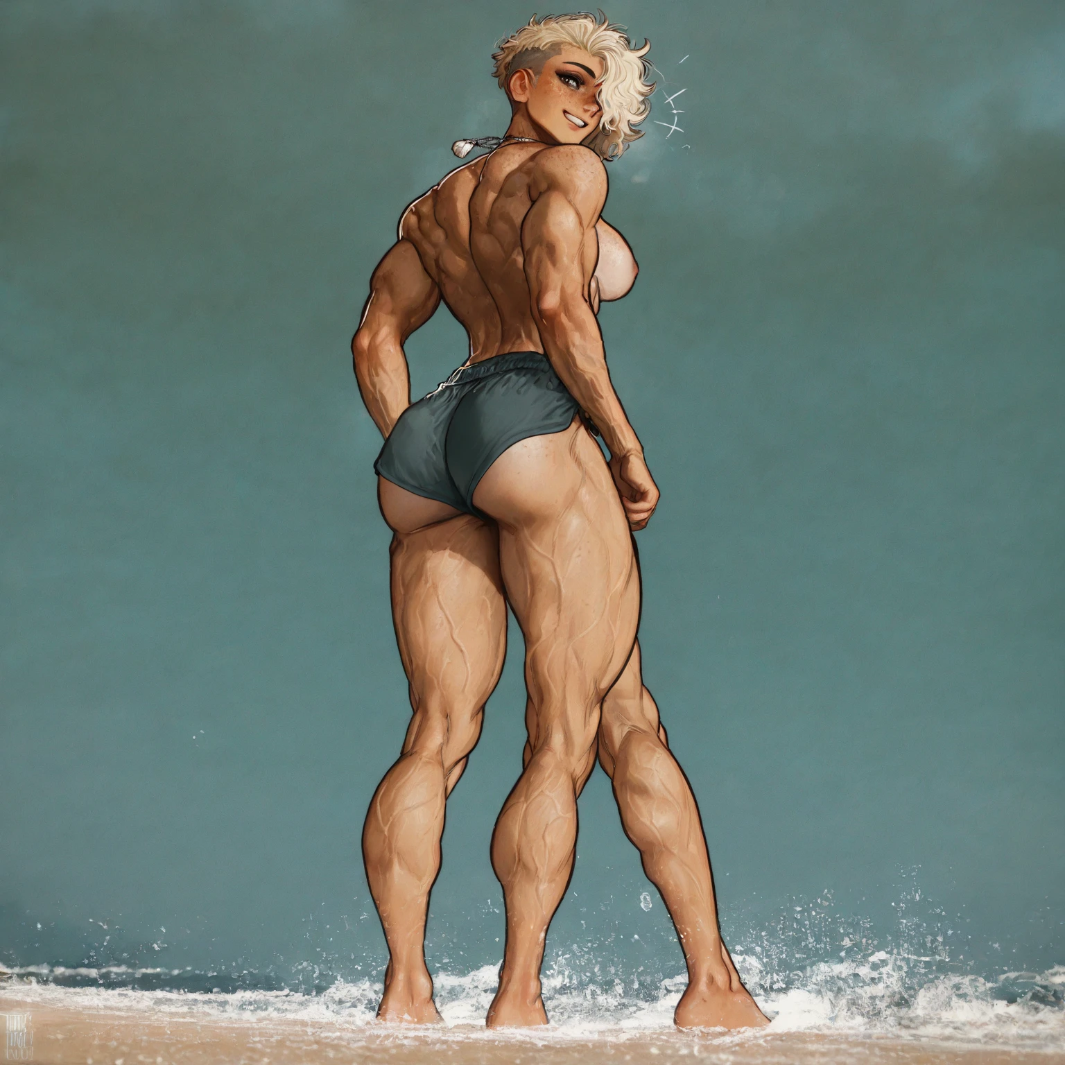 NSFW. Power_girl, blonde, (((Nude.))) (pubic hair) standing on a deserted rocky beach, smiling, fun, playful, ((glamour)), ((highly detailed)), (((Masterpiece))), (photography), ((realistic))