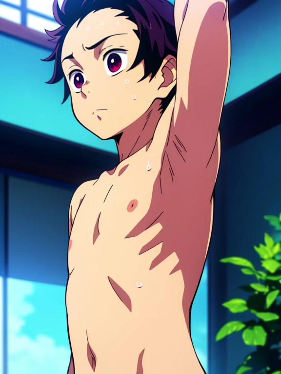 Highres, Masterpiece, Best quality at best,Best Quality,hight quality, hight detailed, Anime style, (little boys), (Showing armpit:1.3), Navel piercing, Earring, Loincloth Shirtless, Topless, Bare chest, Slim body, choker, Cat ear, upper body, sweat, Simple beckground, (very thin body), (very young boy), (very small and short body)