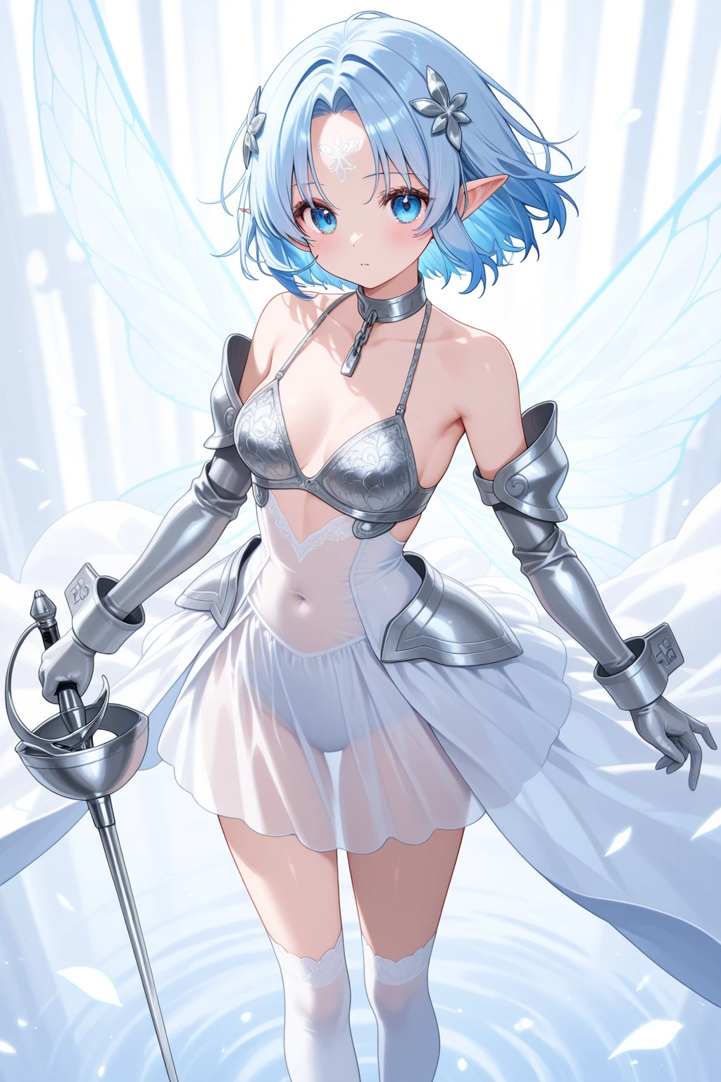 masterpiece, best quality, highres, ddnina, silver hair, short hair, swept bangs, hairband, blue eyes, angel wings, white wings, wedding dress, white dress, sleeveless, garden, standing, confetti, smile, open mouth, tears, holding sword, upper body, jewelry, cute breasts, thighs,
