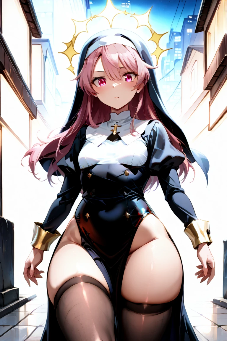 girl, big breasts, body suit, long hair, symetrical hair, pastel colors, fullbody, light colors, pink hair, red eyes