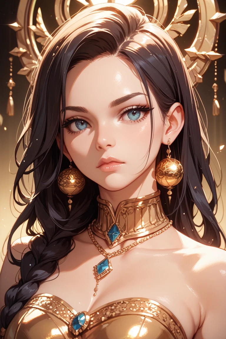(Perfect Anatomy)、Mastepiece、Ultra High Quality、 8k、masterpiece、Highest quality、Ultra-high resolution、Maximum resolution、Very detailed、Professional Lighting、anime、woman、thin、Very beautiful face、Very beautiful eyes、(Highly detailed eye)、Highly detailed face, Golden earrings、Black Hair,、Pink eyes, Braiding、Straight bangs, contouring, makeup, eyeliner, eye shadow, pink cheek, pink lips, full body, standing, arabian clothes,