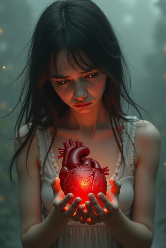 A masterpiece. Color fading, woman holding a broken heart, dark room, candles, animated