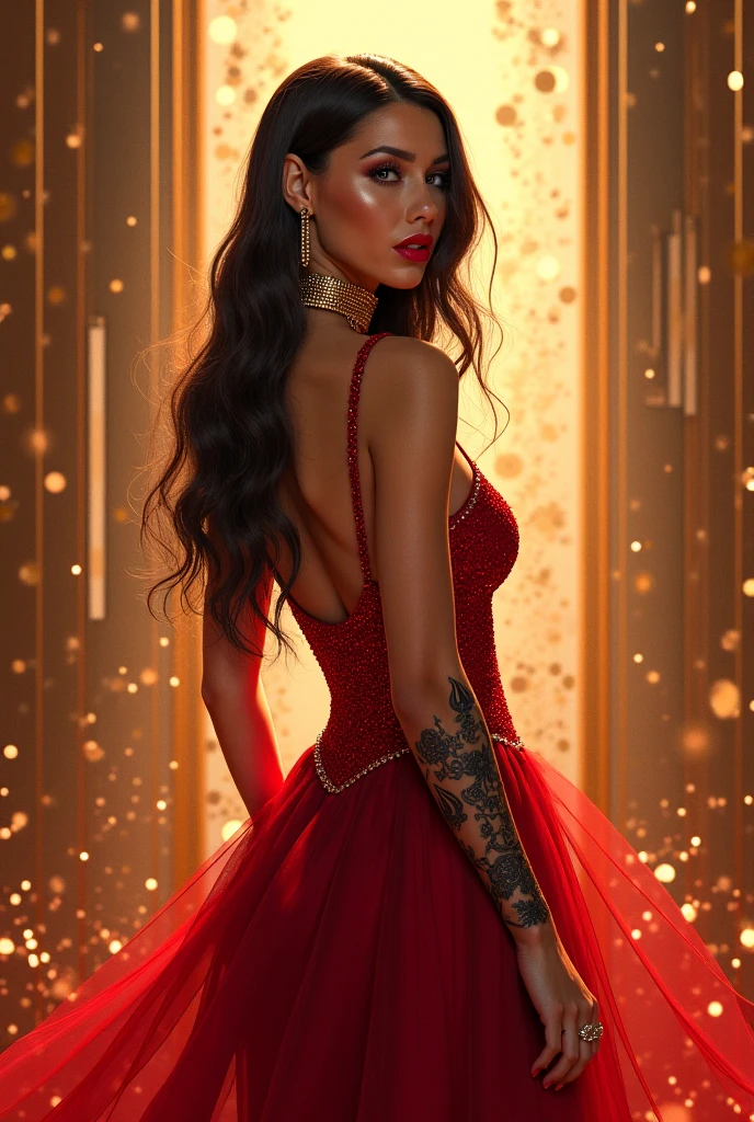 Create a beautiful fair and white indian realistic model having a sexy figure 36-30-36 wearing a sexy one piece short tight fit dress standing in a party