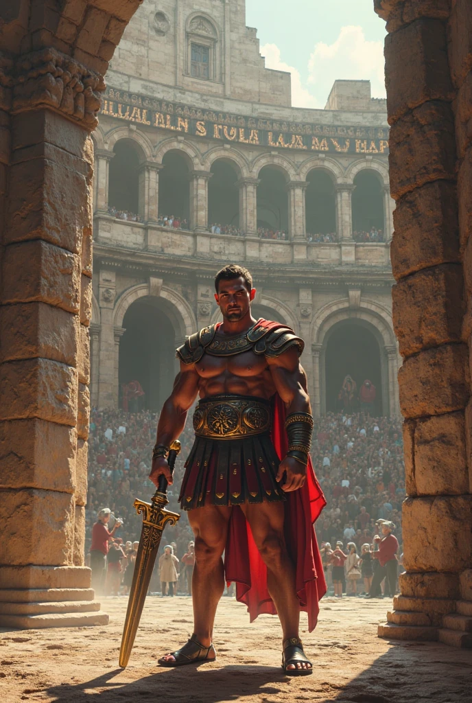 Naked arafed man is standing in front of a roman colosseum, a screenshot inspired by Alexander Fedosav, dynamic action pose, reddit, massurrealism, very sexy masculine, in a colosseum, hunky, roman gladiator, strong masculine features, muscular men, muscular, in an arena pit, insanely handsome male, short messy hair, tanned attractive beefy male with armor, full body, showing penis