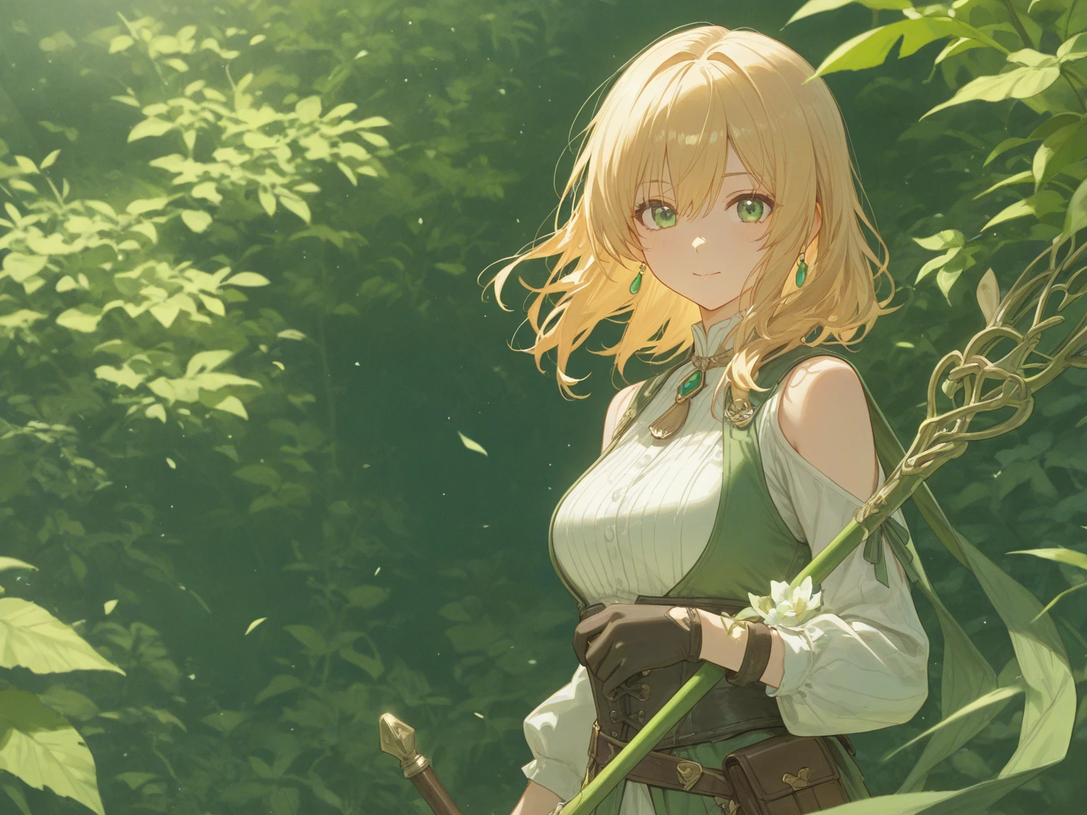 High resolution, Very detailed,, Mid-chest, Looking at the audience, Upper Body Shot、in the forest, Bright colors, Official attire、Green Flower、White tank top、Wooden sword、Embarrassed