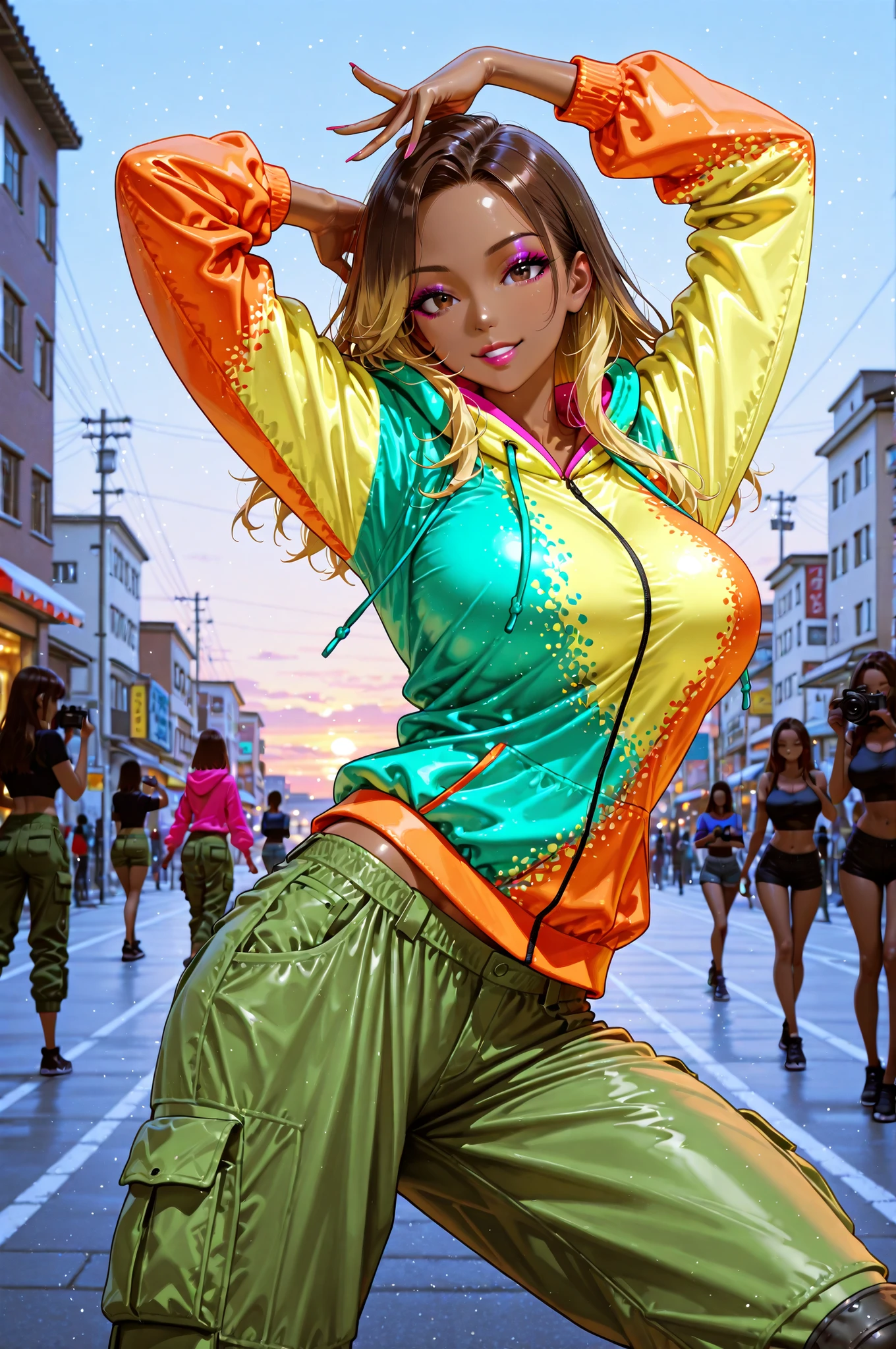 1j female,(((Colorful Hoodies, Cargo Pants))), street dance,Dancer Pose, Momentum Move ,Expressive,realistic texture, silhouette of the cat ,Light and Contrast,Urban Background,Twilight Sky,4K High Resolution,Photographer style,Realistic Taste,High Density Textures,Primitive Tones,Vivid Colors, yuri okada,Brown skin, dark brown hair, blonde inner color, Big Breasts, Gal, makeup, eyeshadow,