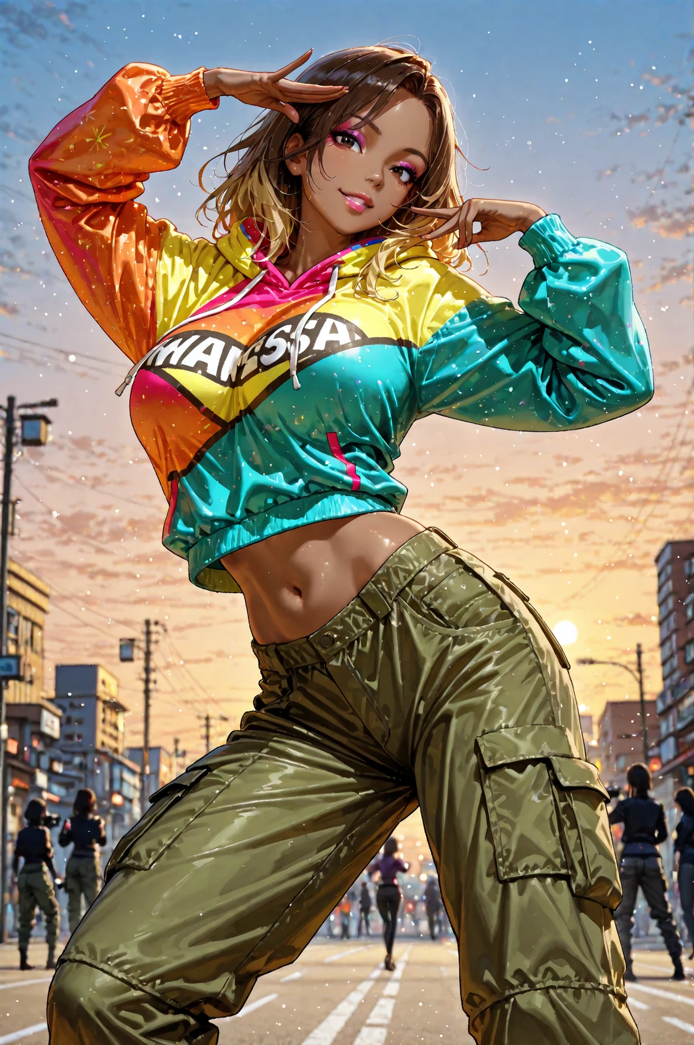 1j female,(((Colorful Hoodies, Cargo Pants))), street dance,Dancer Pose, Momentum Move ,Expressive,realistic texture, silhouette of the cat ,Light and Contrast,Urban Background,Twilight Sky,4K High Resolution,Photographer style,Realistic Taste,High Density Textures,Primitive Tones,Vivid Colors, yuri okada,Brown skin, dark brown hair, blonde inner color, Big Breasts, Gal, makeup, eyeshadow,