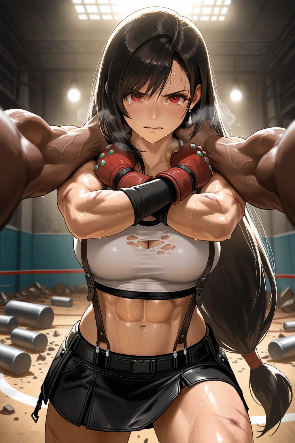 fisiculturista, Negra rosto bonito, serious face, Moreno, Olhos vermelhos, corpo perfeito, cabelo encaracolado,healthy body, cracked abdomen, musculoso, estrutura corporal detalhada, Sister, all parts are clearly visible,roupa fitness. ADCC. Wrestling, of American.