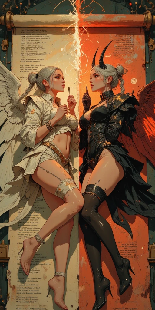 masterpiece,best quality,ultra-detailed,realistic,extremely detailed CG unity 8K wallpaper,full body,fantacy,From the side Side,2 girls,angel and demon,The angel sat on the bed shy and terrified，The demon approaches the angel，And looked straight at her,(dark_angel,white hair,white dress:1.2),(maou,horns, choker, fur trim, black cape, long red dress:1.2)