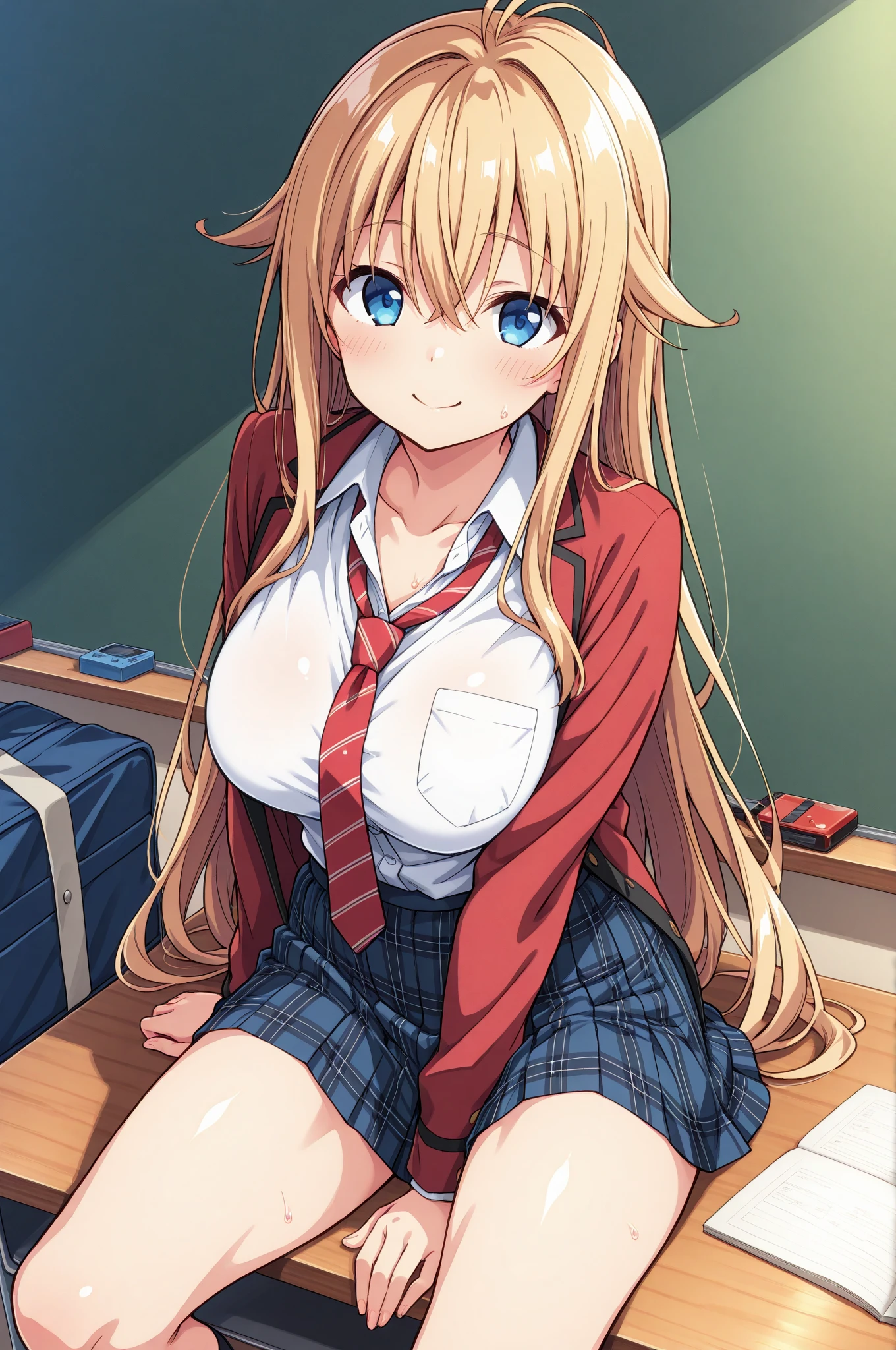 masterpiece, high quality, Perfect Face, Beautiful Face, Photo Background,Perfect Skin, Beautiful Skin, Soft Skin, Glowing Skin, Intricate details, Delicate pattern, best quality, masterpiece, kei karuizawa, long hair, bangs, blunt bangs, (purple eyes:1.1), blonde hair, shirt, hair ornament, ponytail, scrunchie, blue scrunchie,skirt, shirt, bow, school uniform, jacket, (red jacket:1.2), pleated skirt, bowtie, sweater, (blue bow:1.2), (blue shirt:1.2),(white bra:1.1), (white pantie:1.1), cameltoe, clothes lift