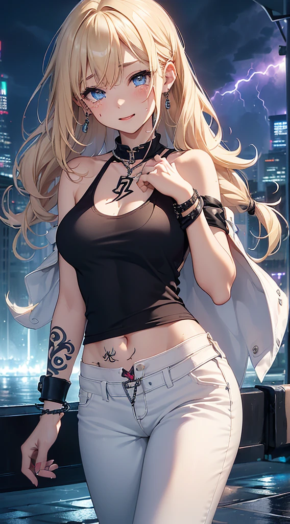 top-quality、Top image quality、masterpiece、girl with((18year old、Tattoo of the heart symbol on the right shoulder、Black Navel Tank Top、White pants、Best Bust、Bust 85、a blond、poneyTail、Blue eyes、open chest wide、Happiness、Chain Accessories、Black wristband on wrist、all fours pose,A slender、whole body Dripping wet))hiquality、visualart、Background with((City at night、Sateen、lightning bolt))、masutepiece