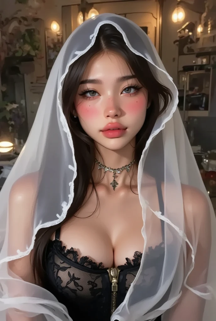 ,1 girl、Taylor Hill、1 girl、超High resolution, retina, Accurate, masterpiece, Anatomically correct, Super Detail, Textured skin, Attention to detail, high quality, High resolution, 8k、、Big double eyes、nose、The focus is on the mouth、close-up focus on face、Woman with open mouth and closed eyes、18-year-old、Black Hair、tongue out, tongue, traces of saliva, Drooling, Ahegao, long tongue, Verbal invitation,  Pulling the hair back, Gray background,Half Backlight,Wedding dress,tiara,Veil，