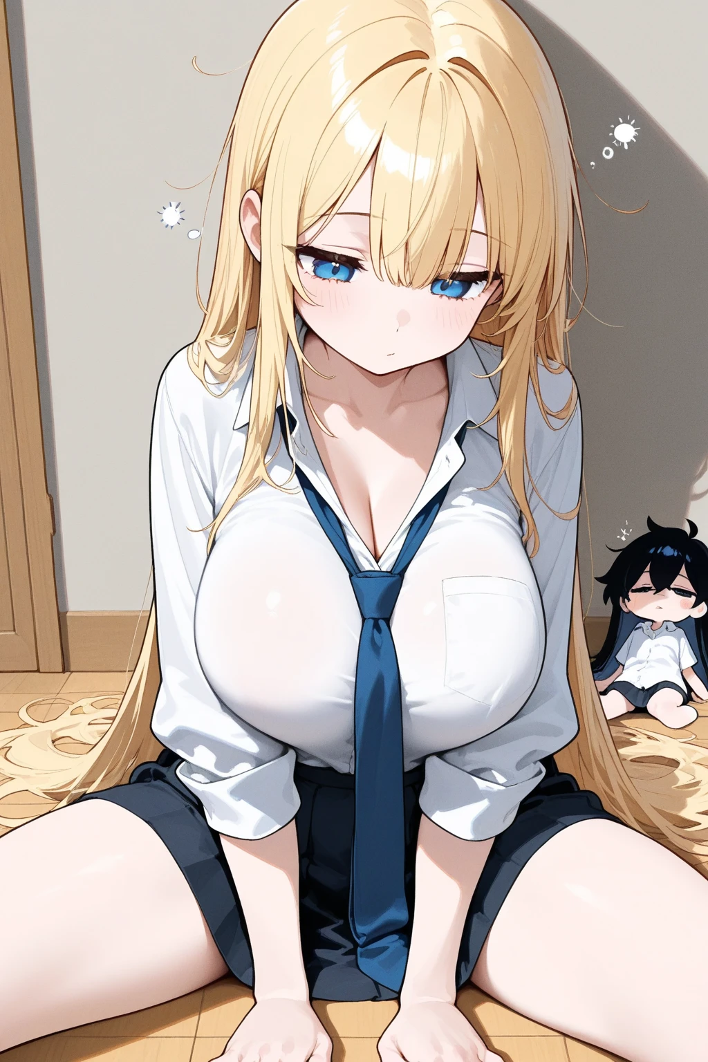 masterpiece, highest quality, Medium wide shot、cowboy shot、NSFW、naked men and women、special party、(mint, blue eyes, braid, blonde hair, long hair、hair between eyes)、((big breasts、huge breasts、big areola、erect nipples))、 (((Full naked、nudist)))、 ((pubic hair、hairy、pubic hair、pubic hair))、dance hall、2 naked man、1、woman sandwiched between men、woman between men、Woman Opening Legan Standing、spread legs woman、