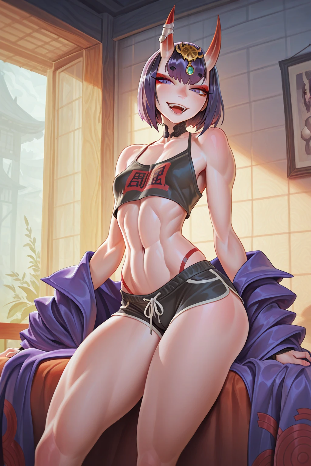 1 girl from an anime with purple hair, in the bedroom, 1girl, alone, ((sadistic)), yellow eyes, purpose, pink hair, Looking at me, ((Tensure)), ((last)), wearing a short bikini , right side ponytail, (((toned legs))), thick muscular thighs, slim waist, muscular belly, hands on hips, barefoot, 8k, ultra realistic