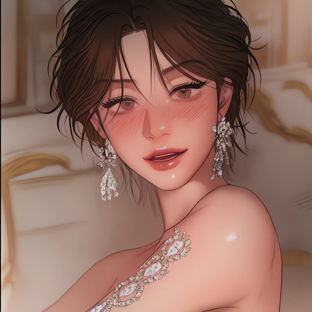(best quality, masterpiece: 1.2), ultra-high resolution, realistic, front lighting, intricate details, exquisite details and textures, 1girl, solo, (young), face illumination, full body, detailed face, tear mole, white skin, silver hair, ponytail, pigtail hair, looking at the viewer, big eyes, silk robe, (hollow pattern, white, silk), earrings, small breasts, slim body, luxury room, professional lighting, photon display, radio, physical rendering