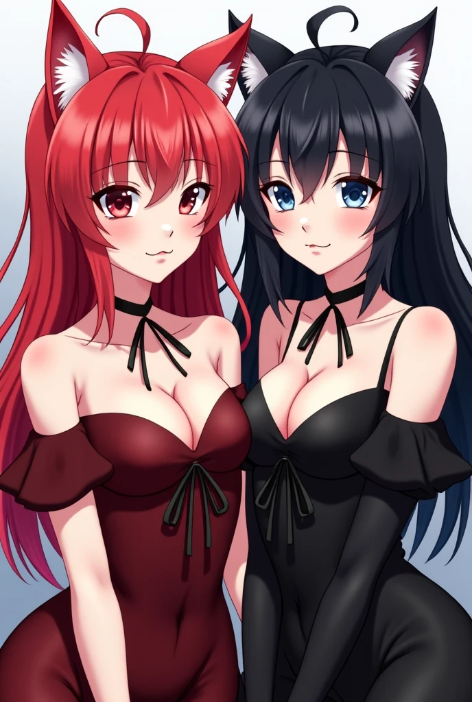 ((masterpiece、top-quality:1.5、a high chroma:1.5、ultra-detailliert、high-resolution illustrations:1.5、Ultra-high-definition CG、8k size wallpaper、offcial art))、(yuri),(2girls,twin sisters),(cute face:1.5)、(clear face:1.3),
(black-only color scheme:1.5), (red-only color scheme:1.5),(sexy body),(One only wears red, one only wears black.),(strapless leotard),(long hair), ((medium breasts))、
,(yuri),(hug)、(upper body)、