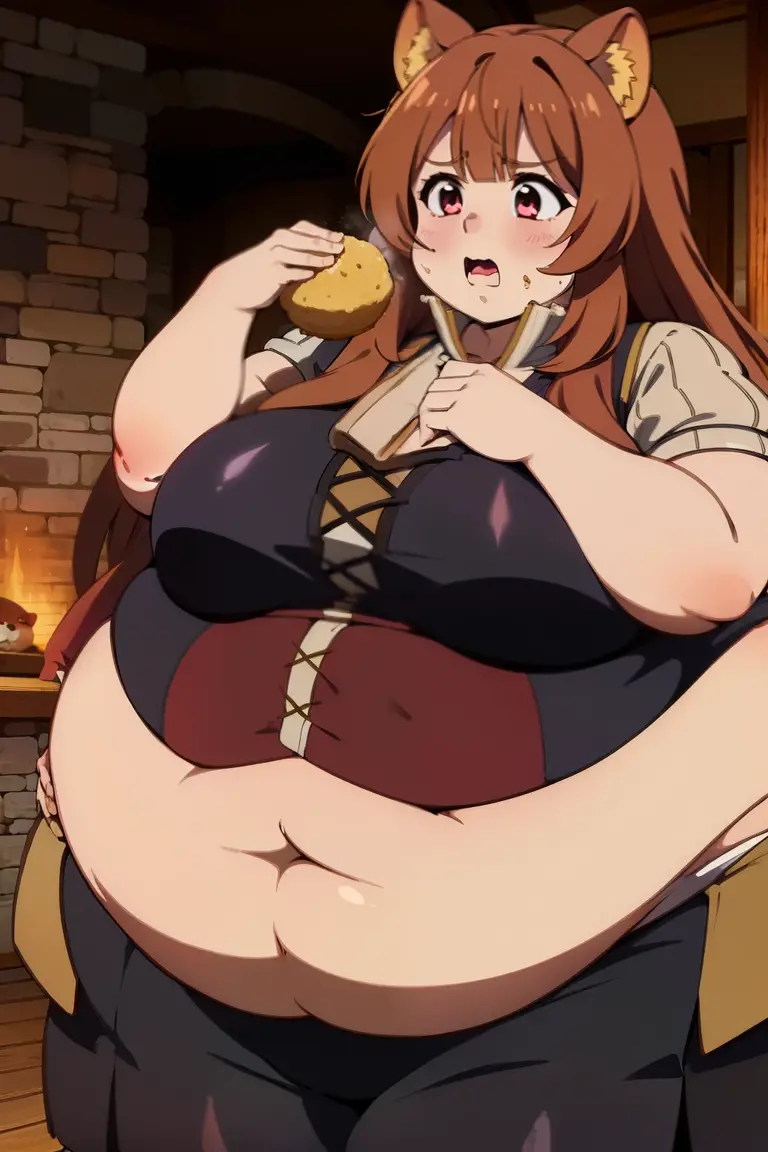 Raphtalia Fat, fattening, obese, grab belly, huge belly, burp, eating against her will