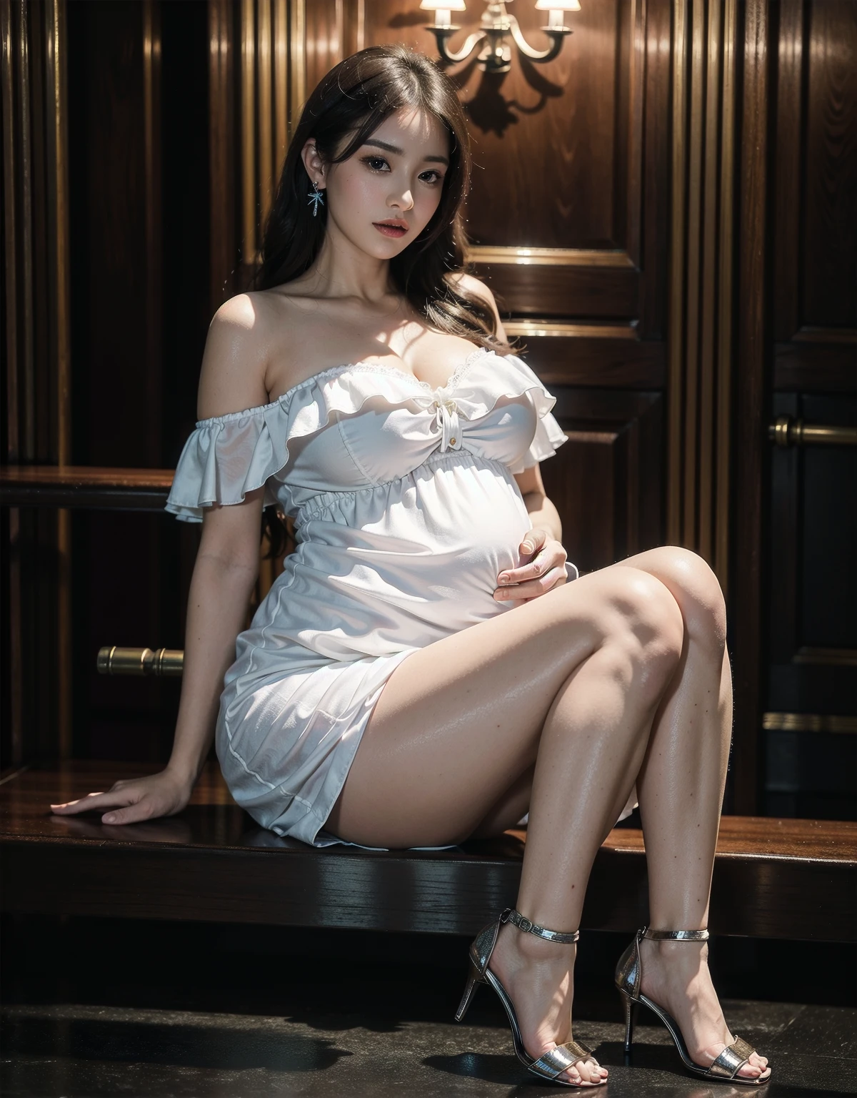 best quality, masterpiece, ultra high resolution, (fidelity: 1.4), original photo, pregnant, hard nipple, Mature, outer and inner dress, Cinema lighting