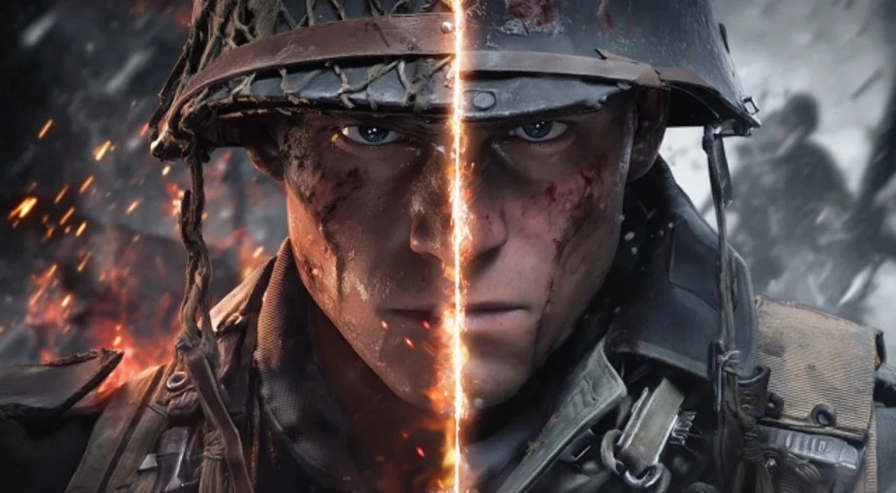 photorealistic, highest quality, RAW photo, cinematic composition, (panoramic shot of a great battlefield:1.2) in World War II, great explosions everywhere, tracer bullets, shrapnel, destroyed vehicles along the battlefield, vehicles impacted by bombs, in the distance a terrified soldier's face reflects the horror of bombs exploding all around him, his face unhinged in terror, running, World War II helmet|weapon|uniform|boots|vehicles|tanks, dynamic poses, abundant details, intricate details, subsurface scattering, volumetric shadows, sharp focus, 8k, highly detailed, UHD, HDR, dynamic face expression, (extremely high facial expressiveness:1.3), soldiers running at distance, dirt,