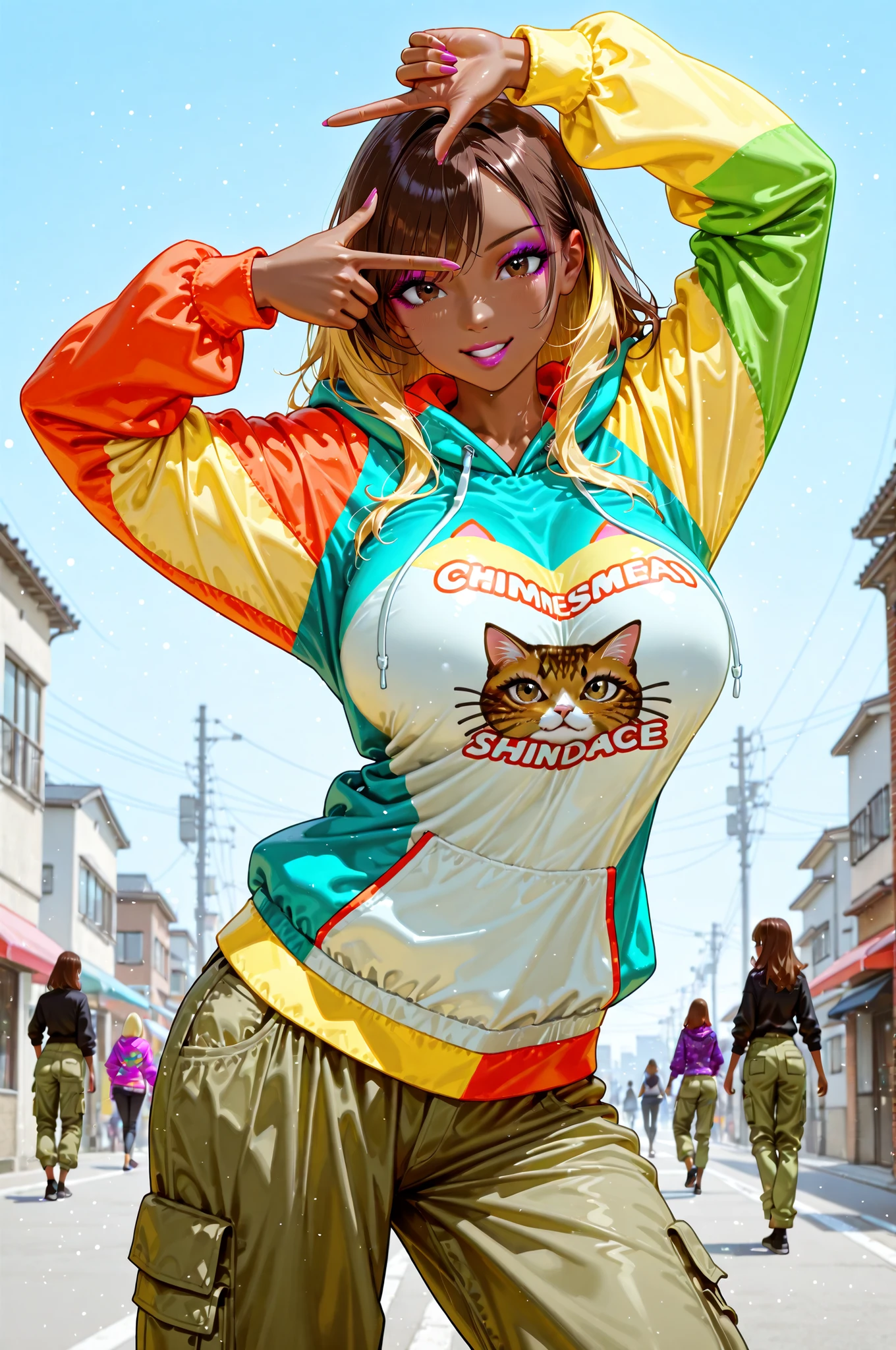 1j female,(((Colorful Hoodies, Cargo Pants))), street dance,finger frame, Momentum Move ,Expressive,realistic texture, silhouette of the cat ,Light and Contrast,Urban Background,Twilight Sky,4K High Resolution,Realistic Taste,High Density Textures,Primitive Tones,Vivid Colors, yuri okada,Brown skin, dark brown hair, blonde inner color, Big Breasts, Gal, makeup, eyeshadow,
